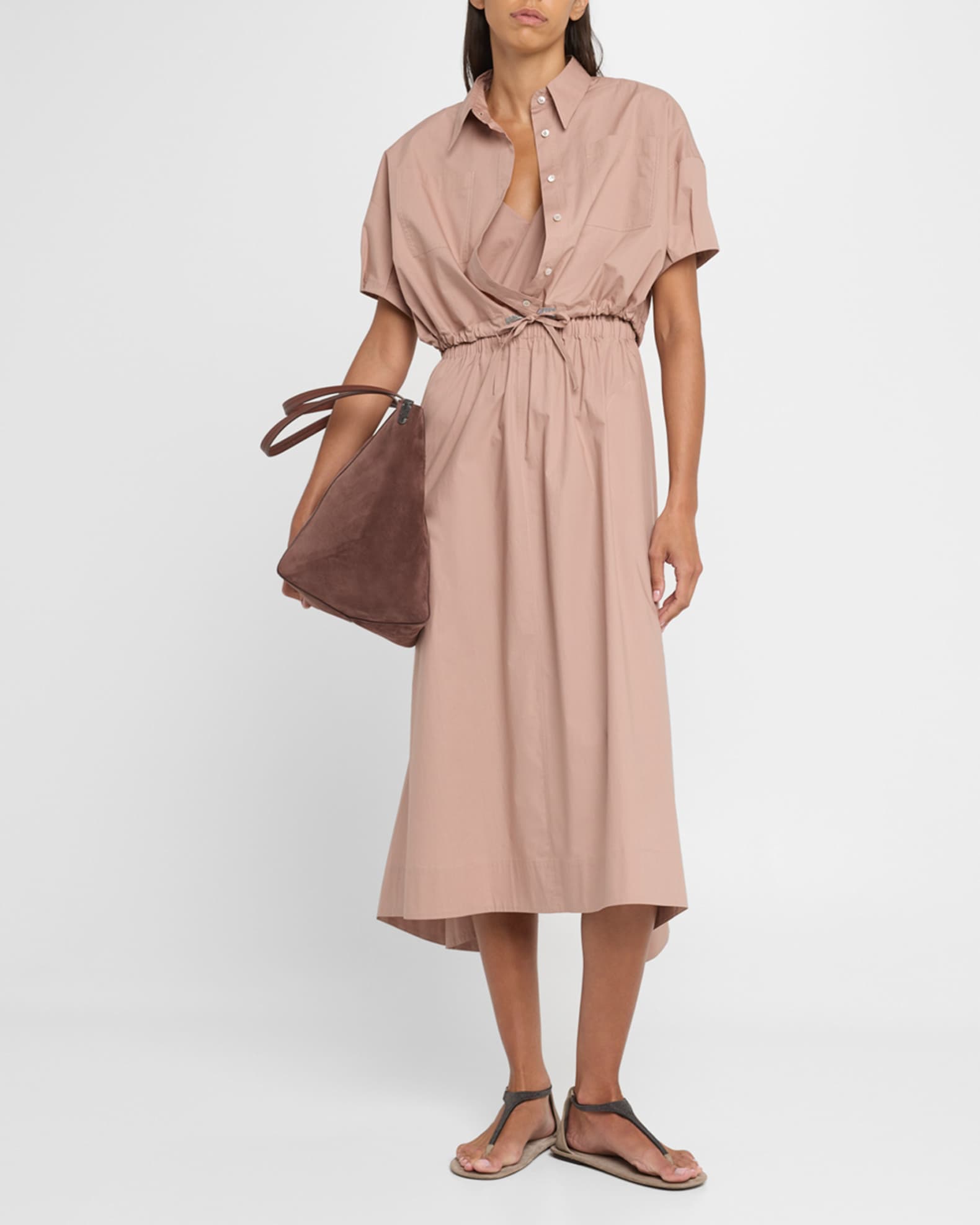 Fit-Flare Drawcord Poplin Asymmetric Midi Shirtdress 1