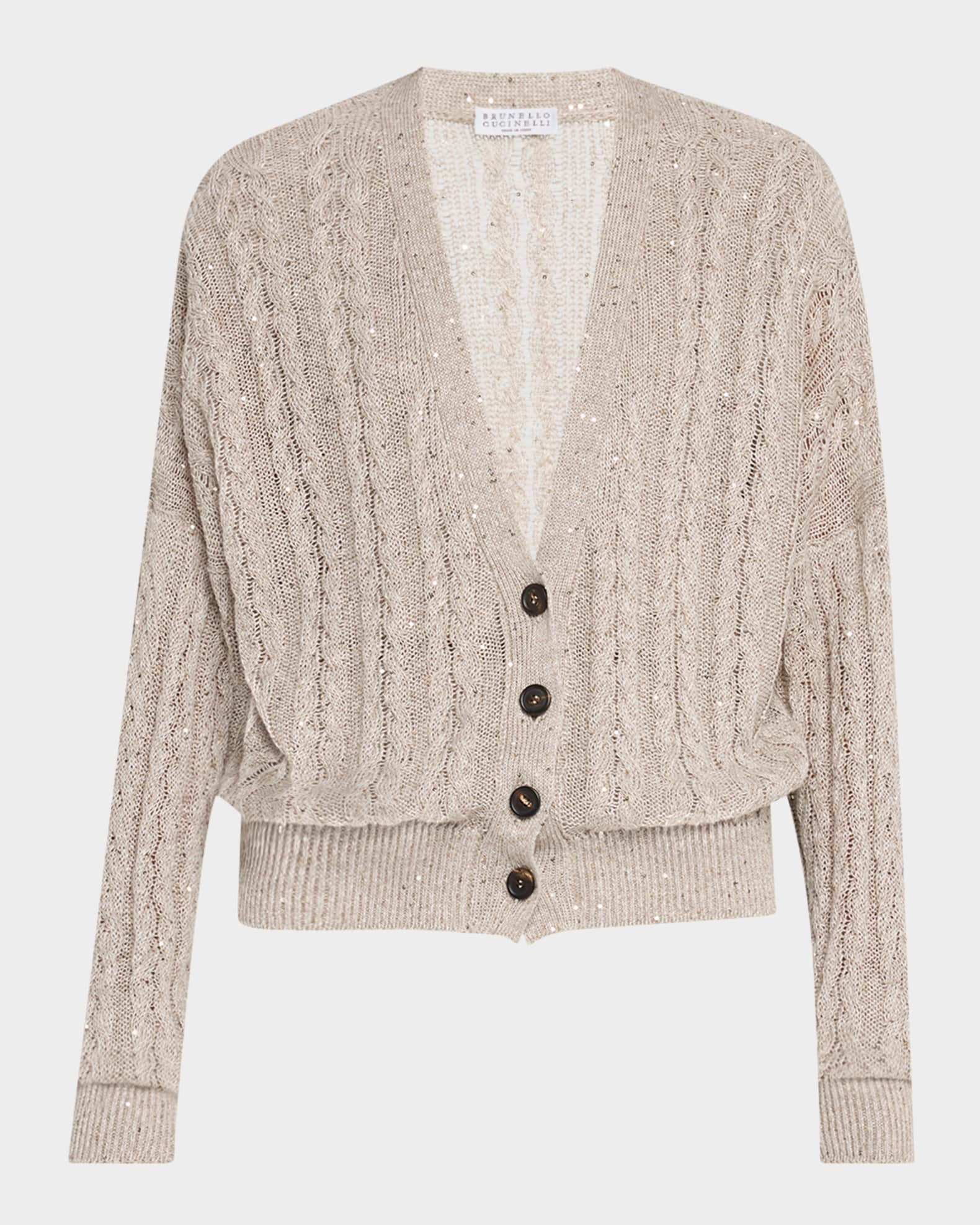 Linen Paillettes Cable-Knit Cardigan 0