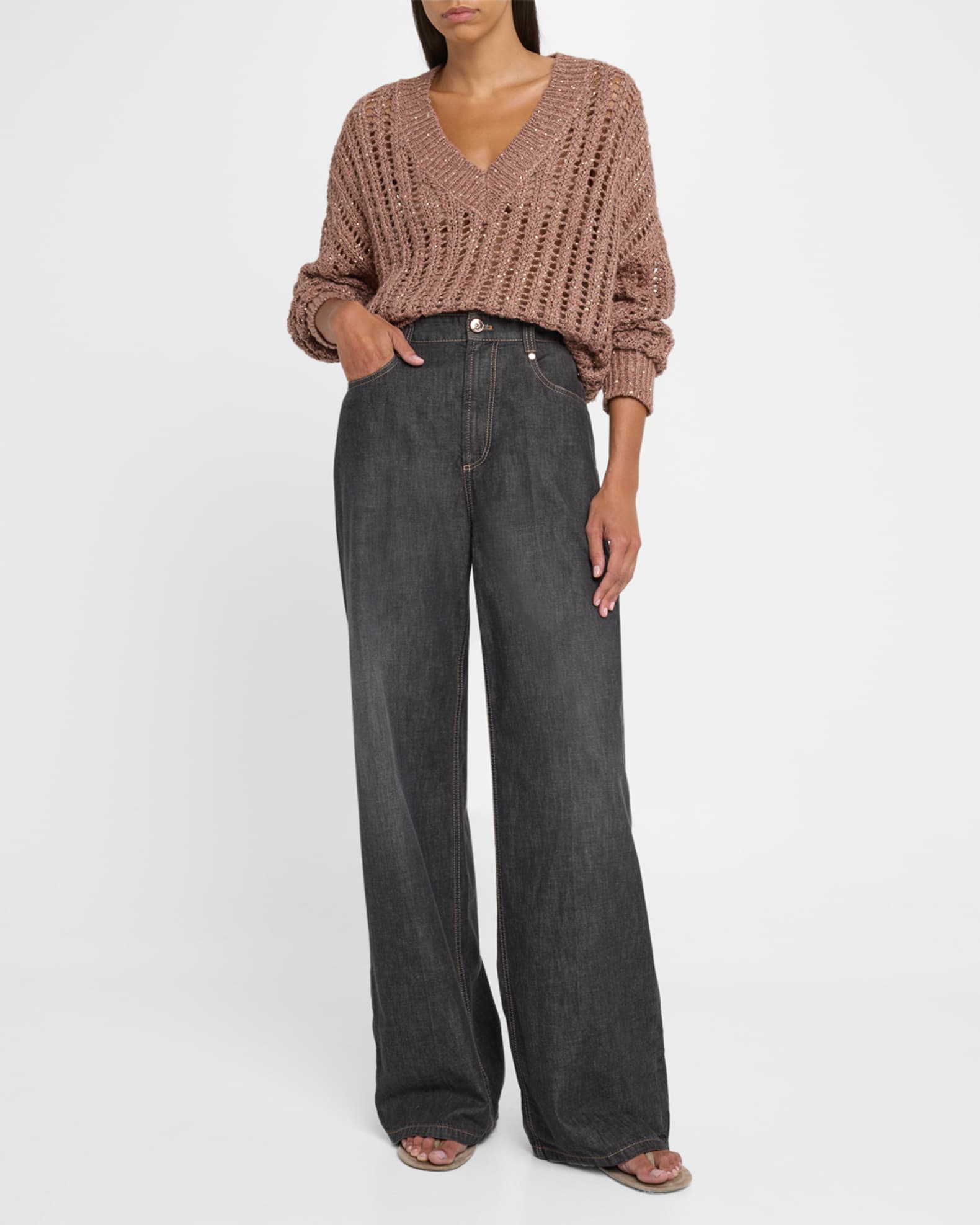 Paillette Open Work Ribbed V-Neck Sweater 1