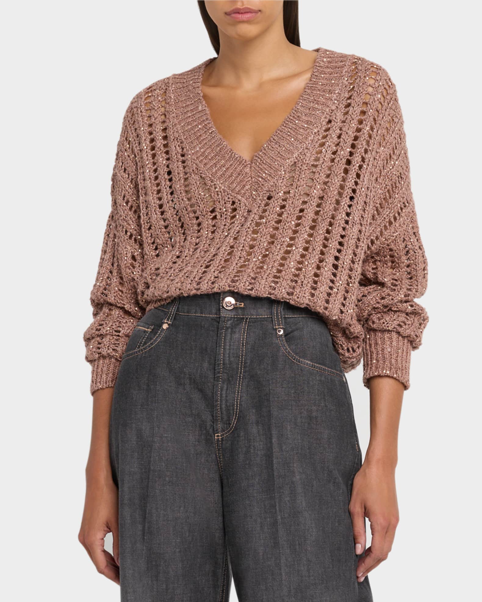 Openwork Tassel V- neck Sweaters Openwork Tassel V- neck Sweaters