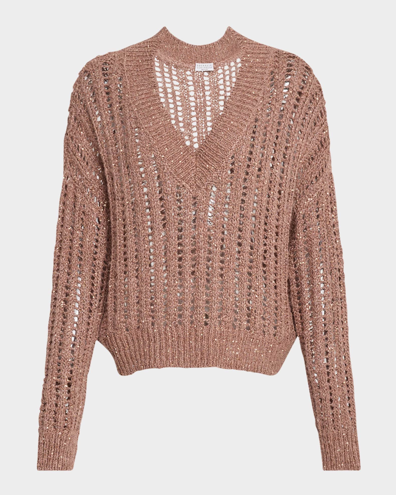 Paillette Open Work Ribbed V-Neck Sweater 0