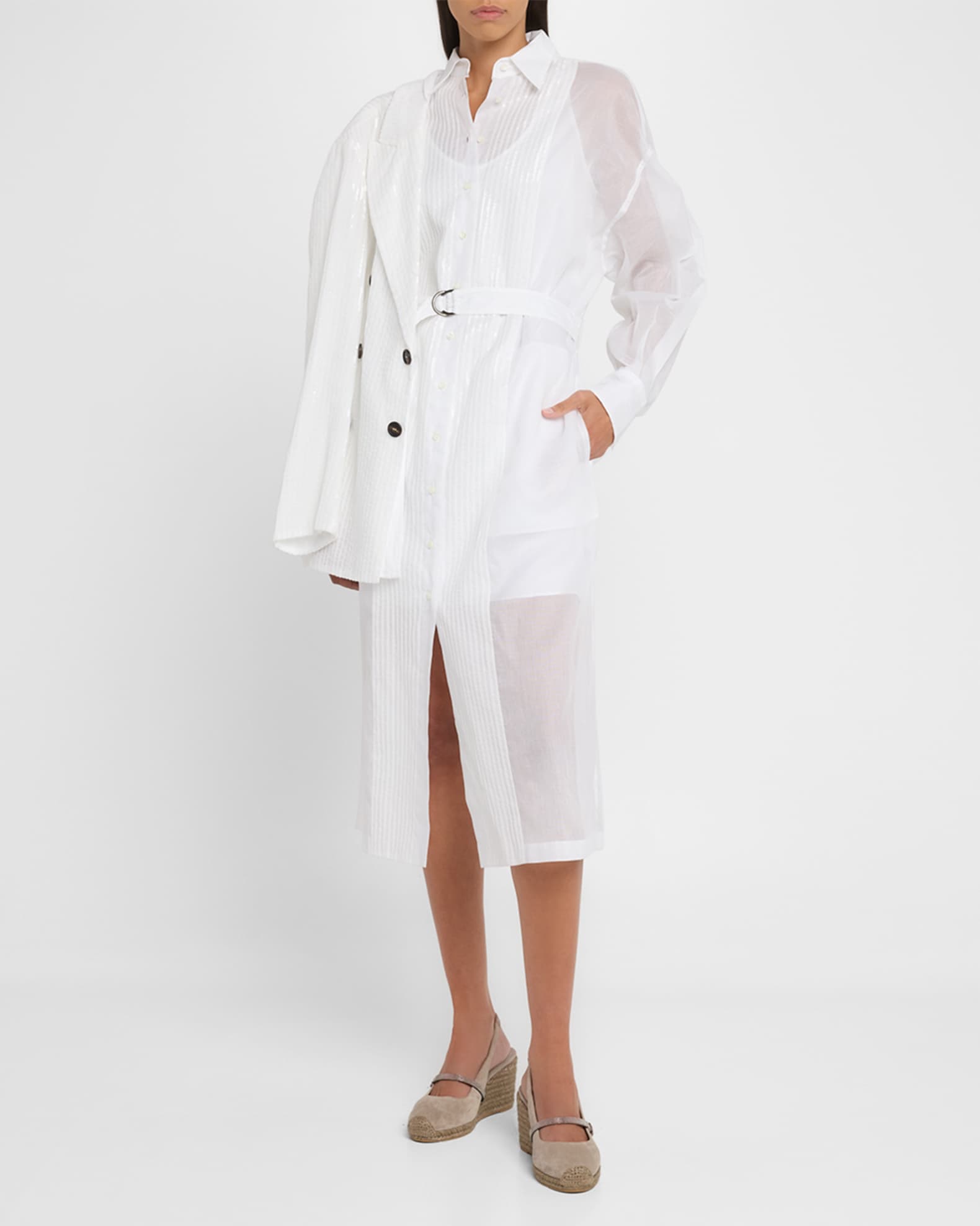 Tuxedo Bib Long-Sleeve Belted Organza Tunic Shirt 1