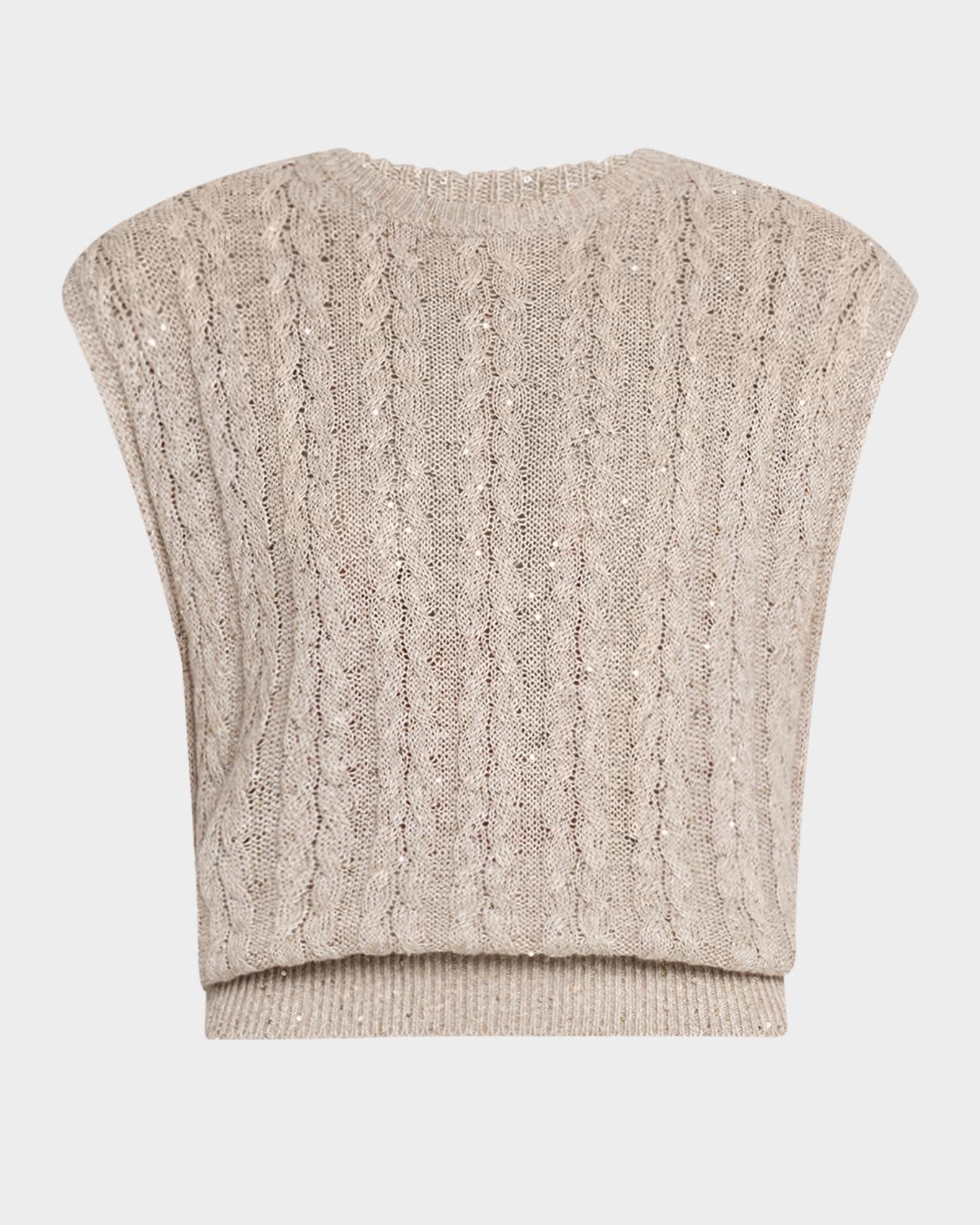 Linen Paillette Cable-Knit Sleeveless Sweater 0
