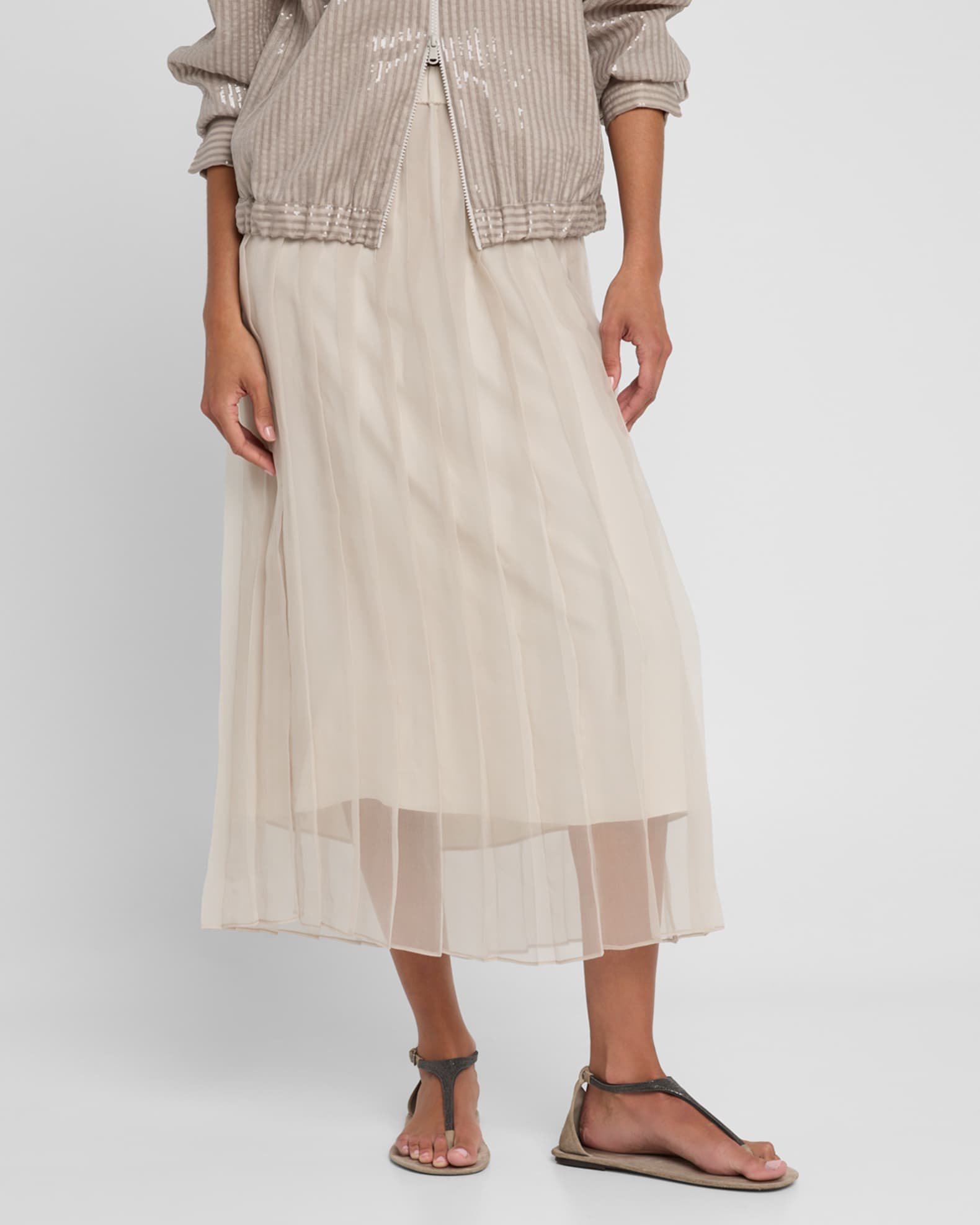 BRUNELLO CUCINELLI★Crispy silk midi pleated skirt Brunello Cucinelli Crispy Silk Chiffon Pleated Midi Skirt