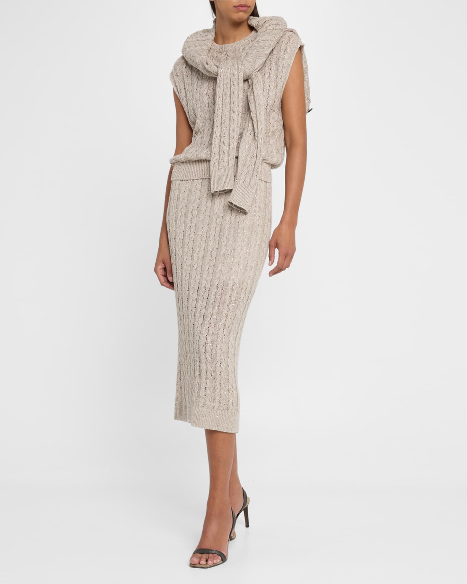 Sequined Cable Knit Body-Con Midi Skirt 1