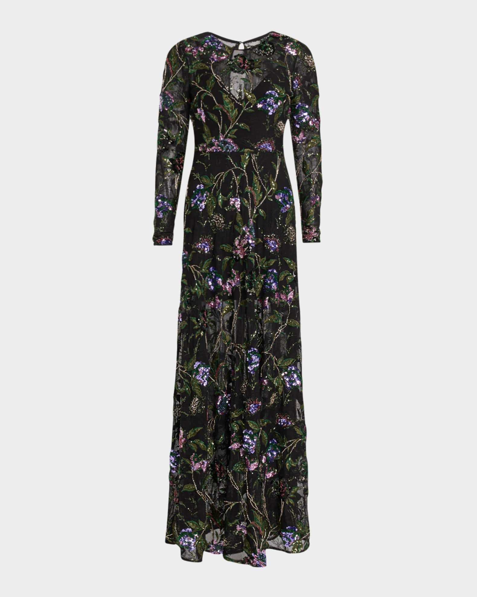 Ava Sequin & Bead Floral-Embroidered Gown