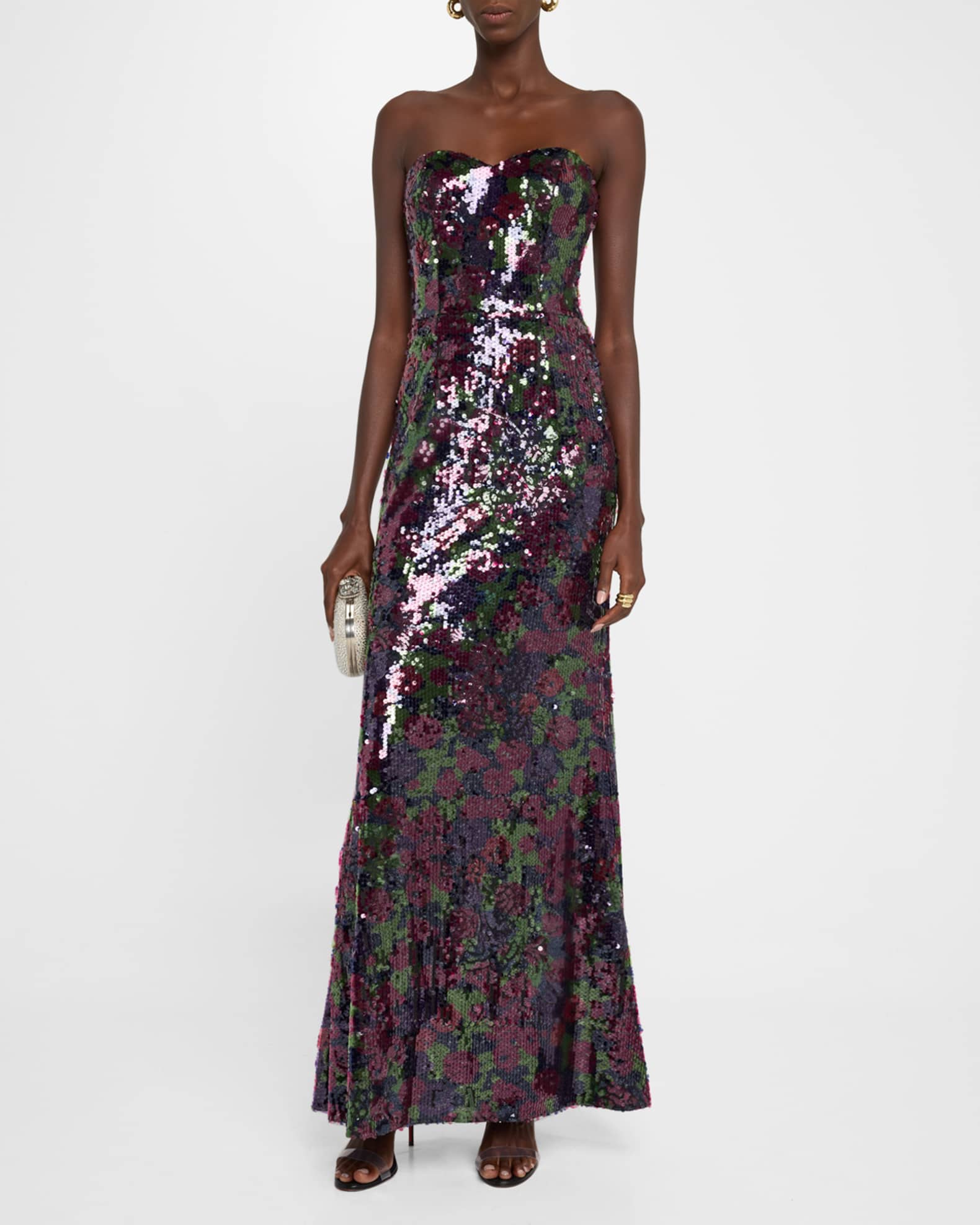 Sheridan Floral-Print Sequin Sweetheart Gown 1