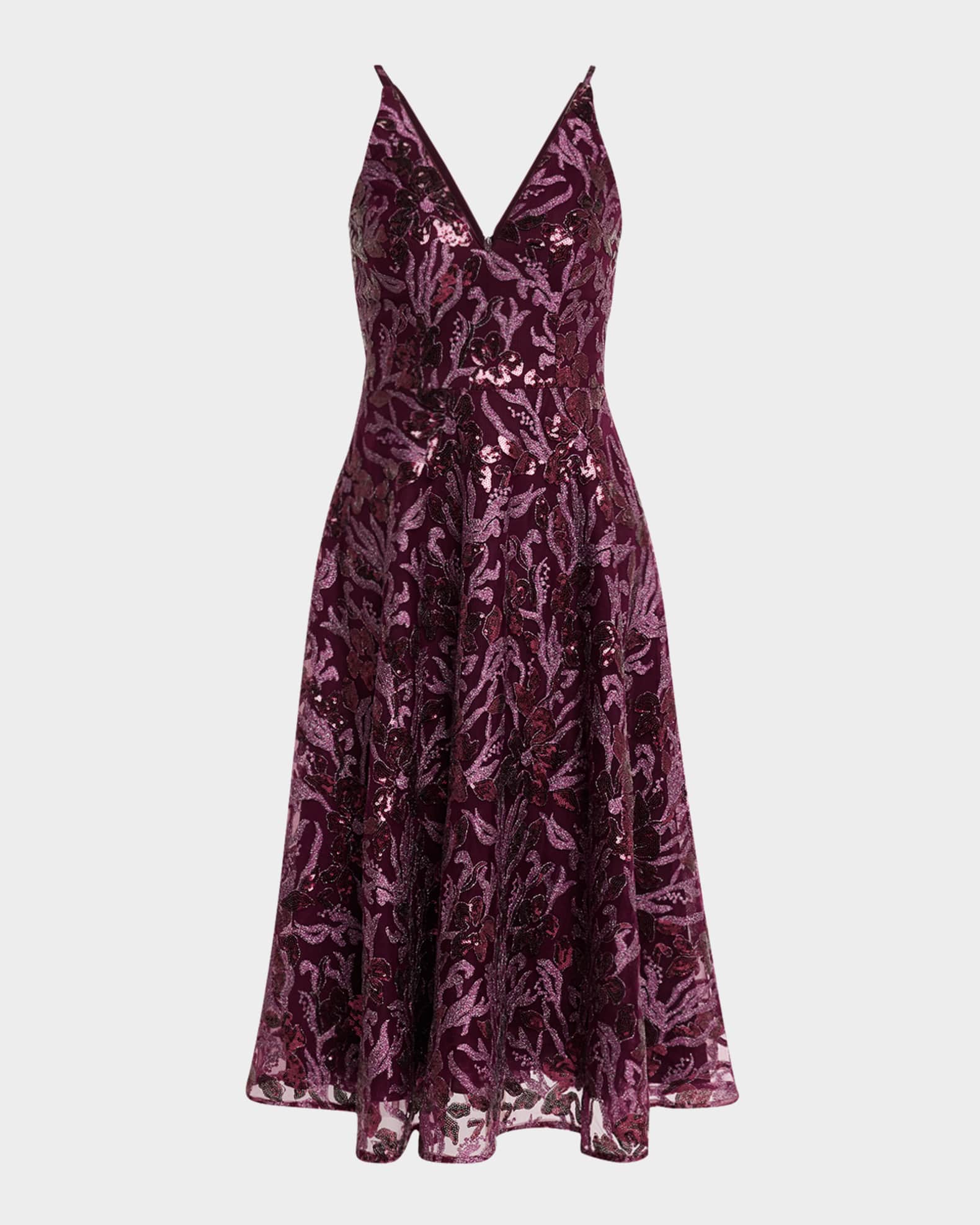 Elisa Sequin Floral Applique Midi Dress 0