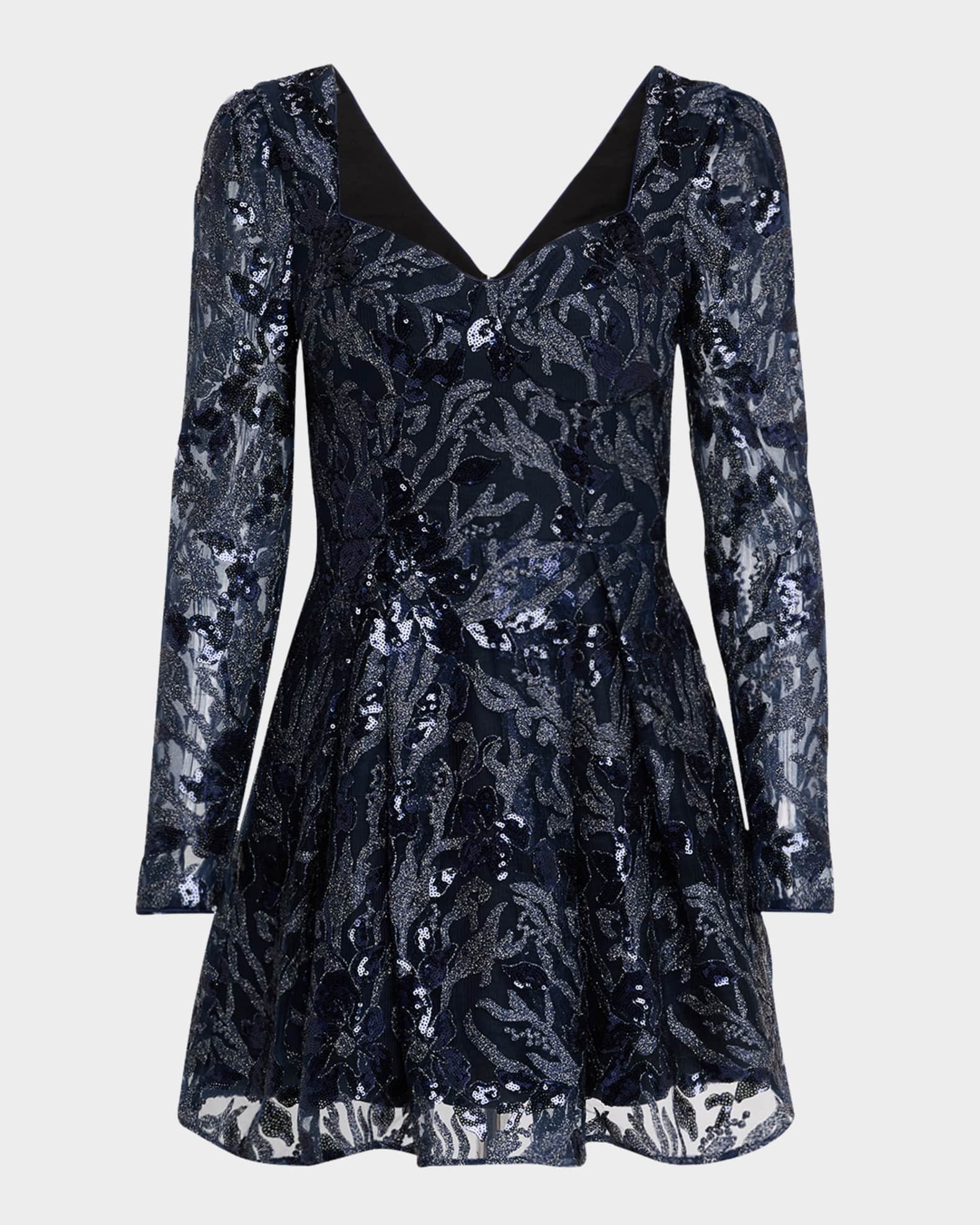 Dora Pleated Sequin Floral Applique Mini Dress 0