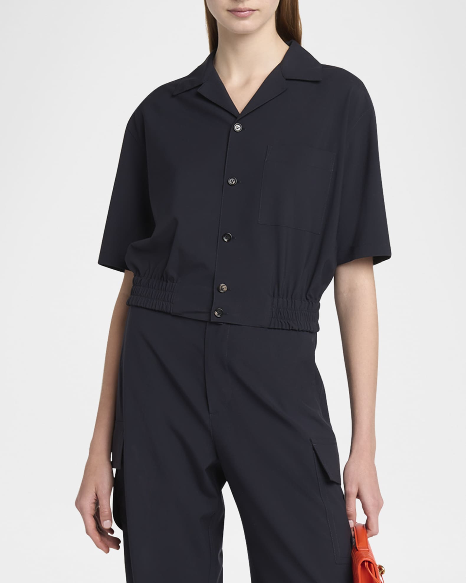 Bottega Veneta Short Sleeve Elastic Hem Cropped Wool Shirt
