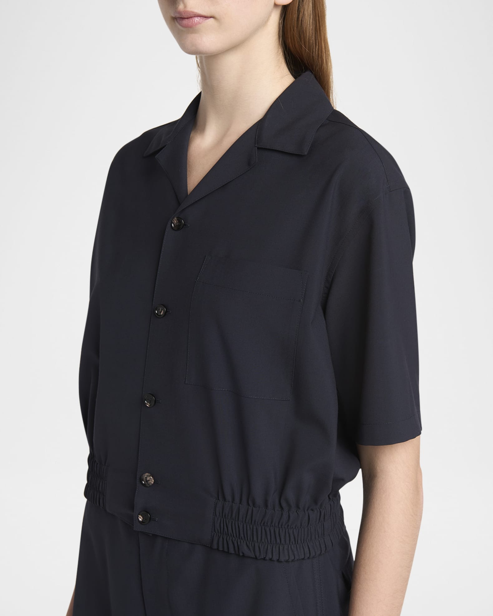 Bottega Veneta Short Sleeve Elastic Hem Cropped Wool Shirt