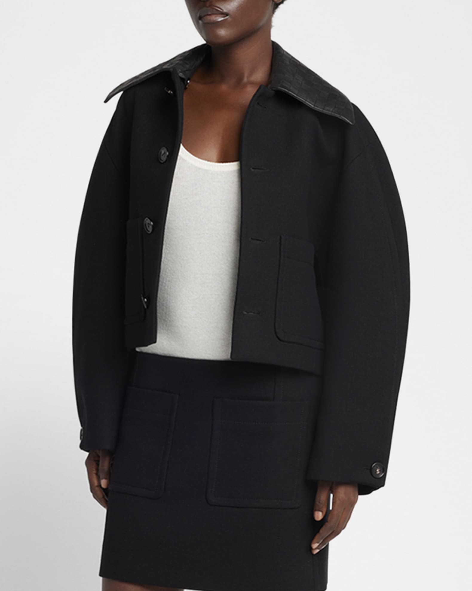 Bottega Veneta Intrecciato Collar Wide-Sleeve Cotton Jacket | Neiman Marcus