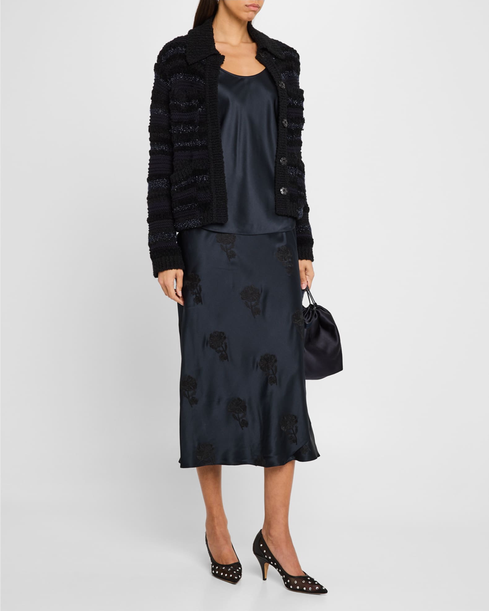 Sense Of Shine II Embroidered Satin Midi Skirt 1
