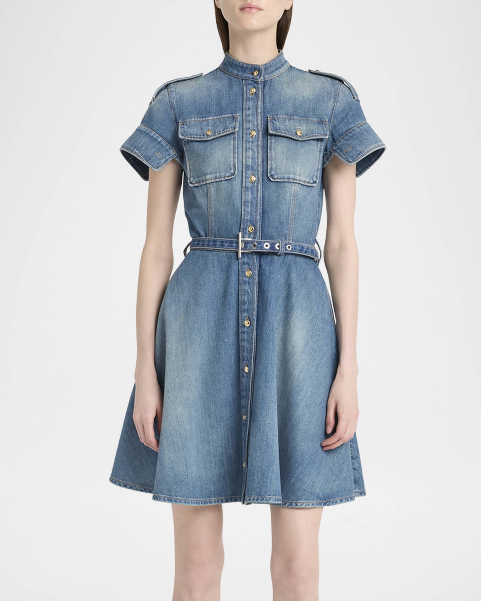 Short-Sleeve Belted Denim Mini Shirtdress 1