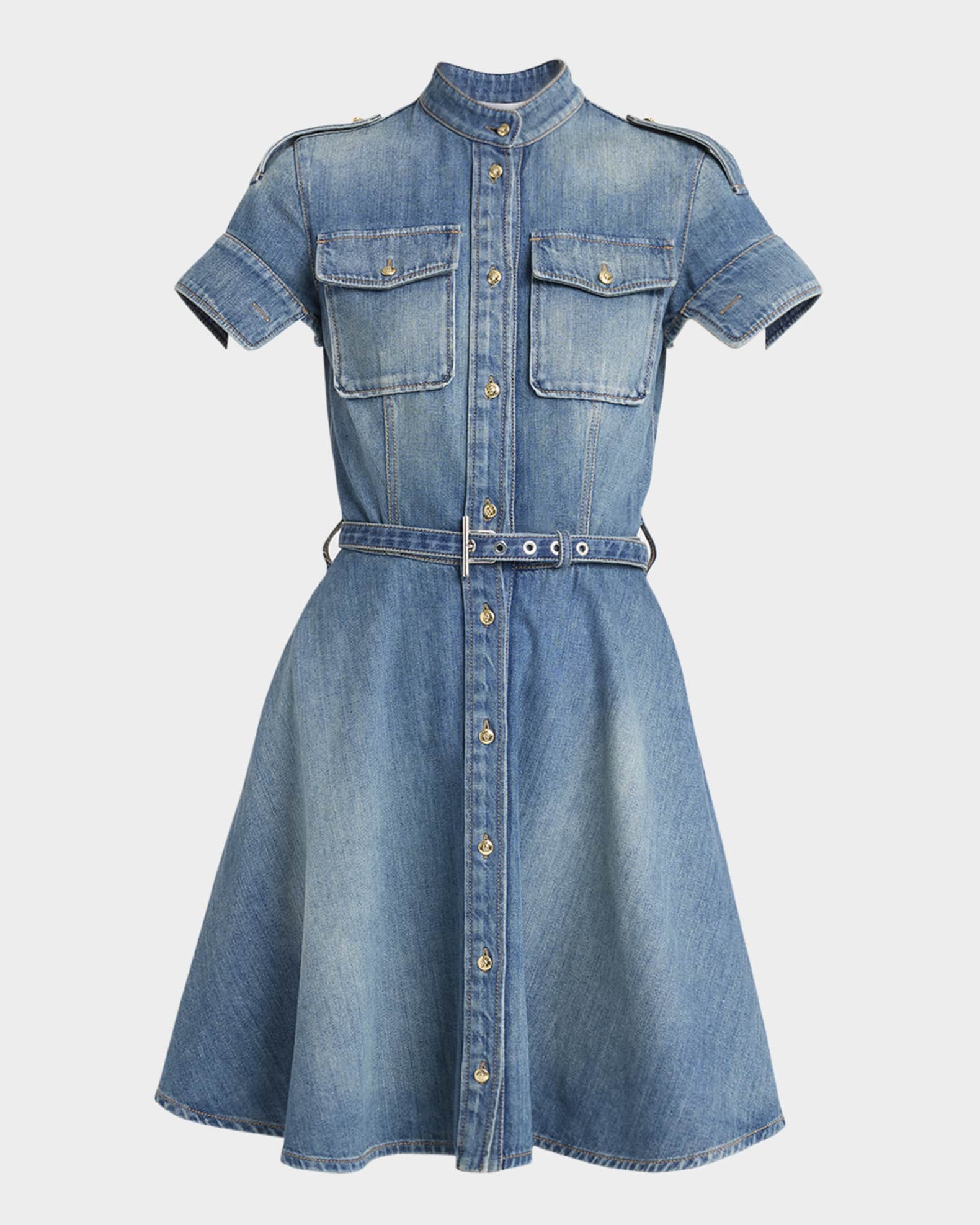 Short-Sleeve Belted Denim Mini Shirtdress 0