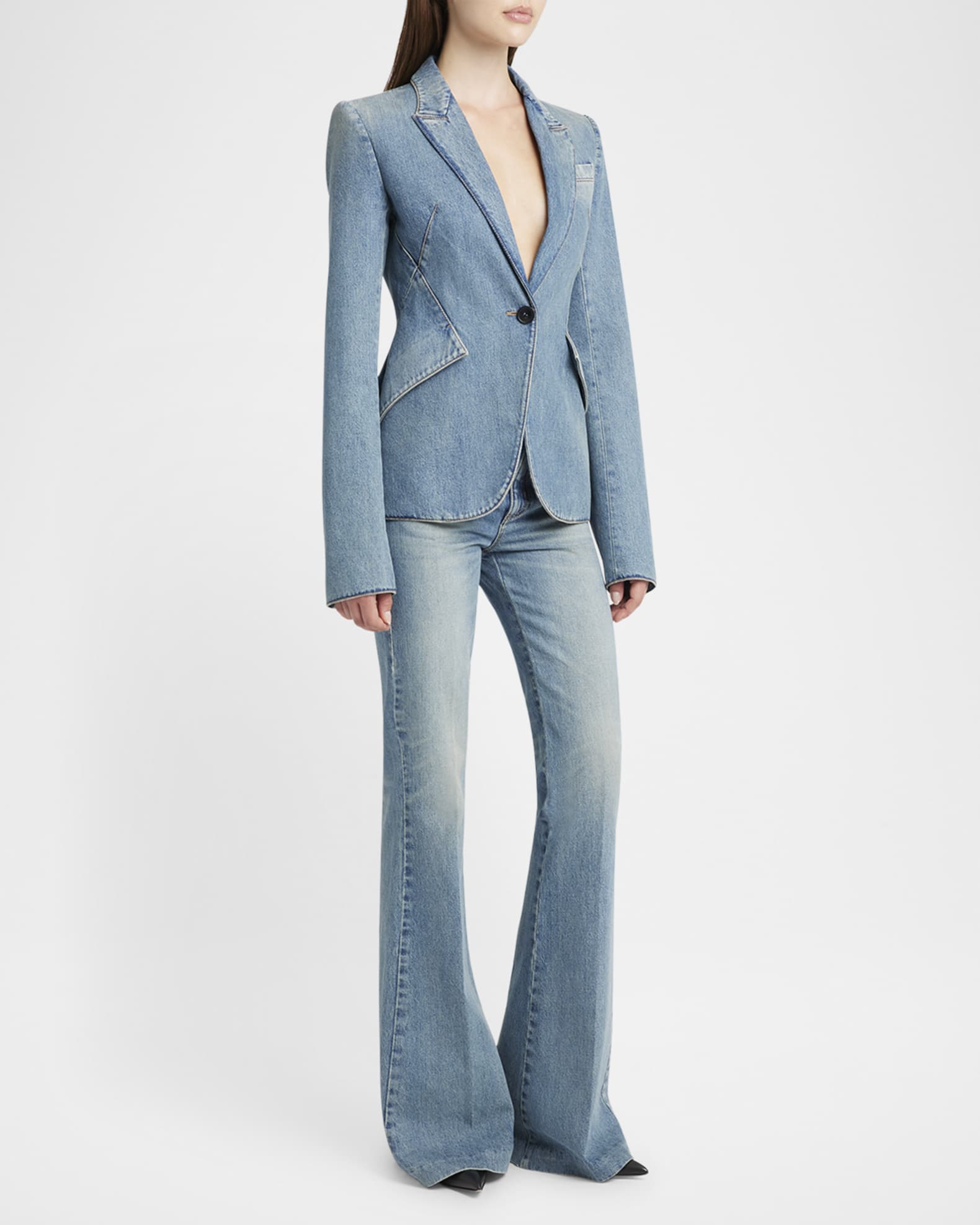 Light-Wash Denim Single-Breasted Blazer 1
