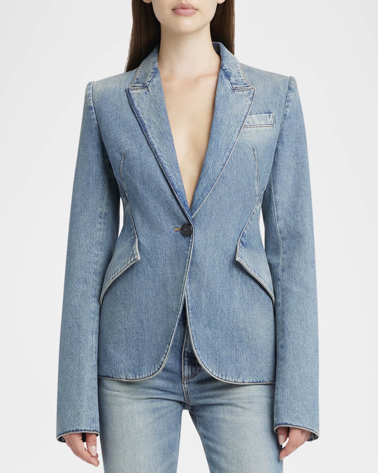 Single-Breasted Washed Denim Blazer main image 1
