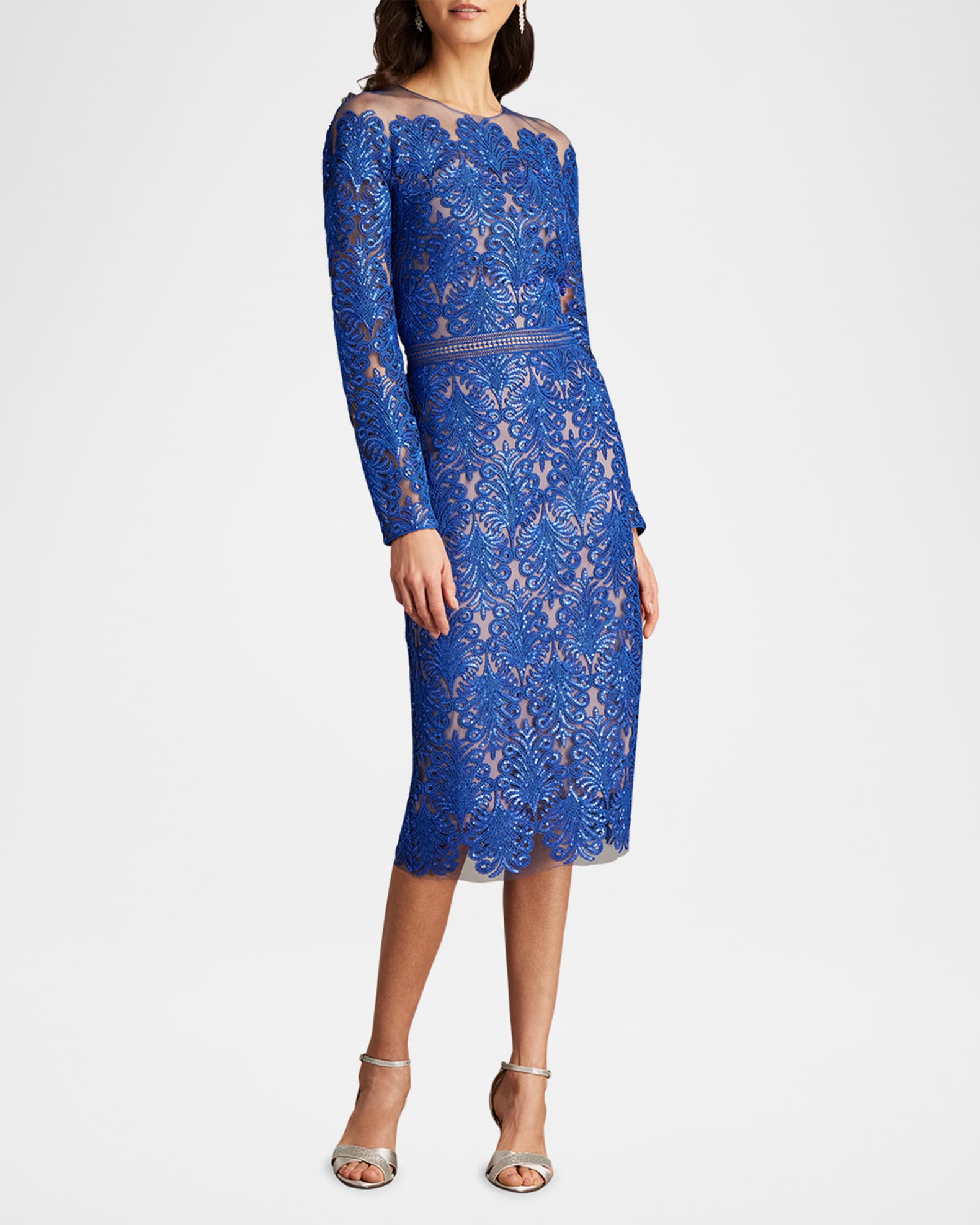 Tadashi Shoji Sequin Illusion Lace Midi Sheath Dress