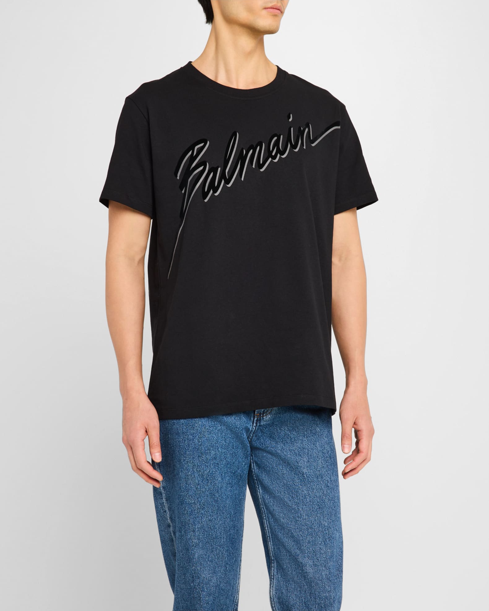 【関税＆送料込み】Balmain 'Signature' Black Cotton T-Shirt Balmain Signature embroidered T-shirt black black - Men