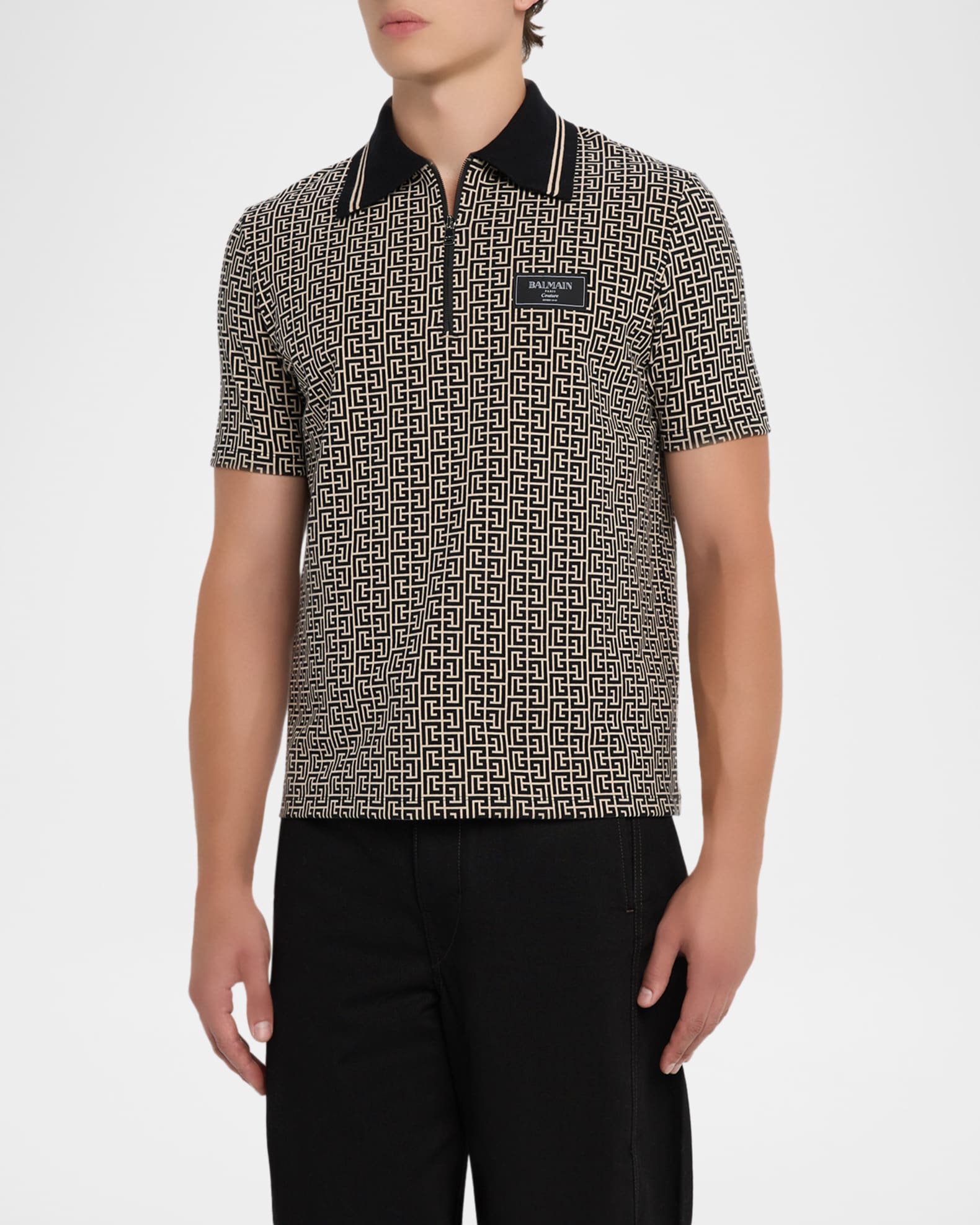 Balmain Men's Monogram Couture-Label Quarter-Zip Polo Shirt