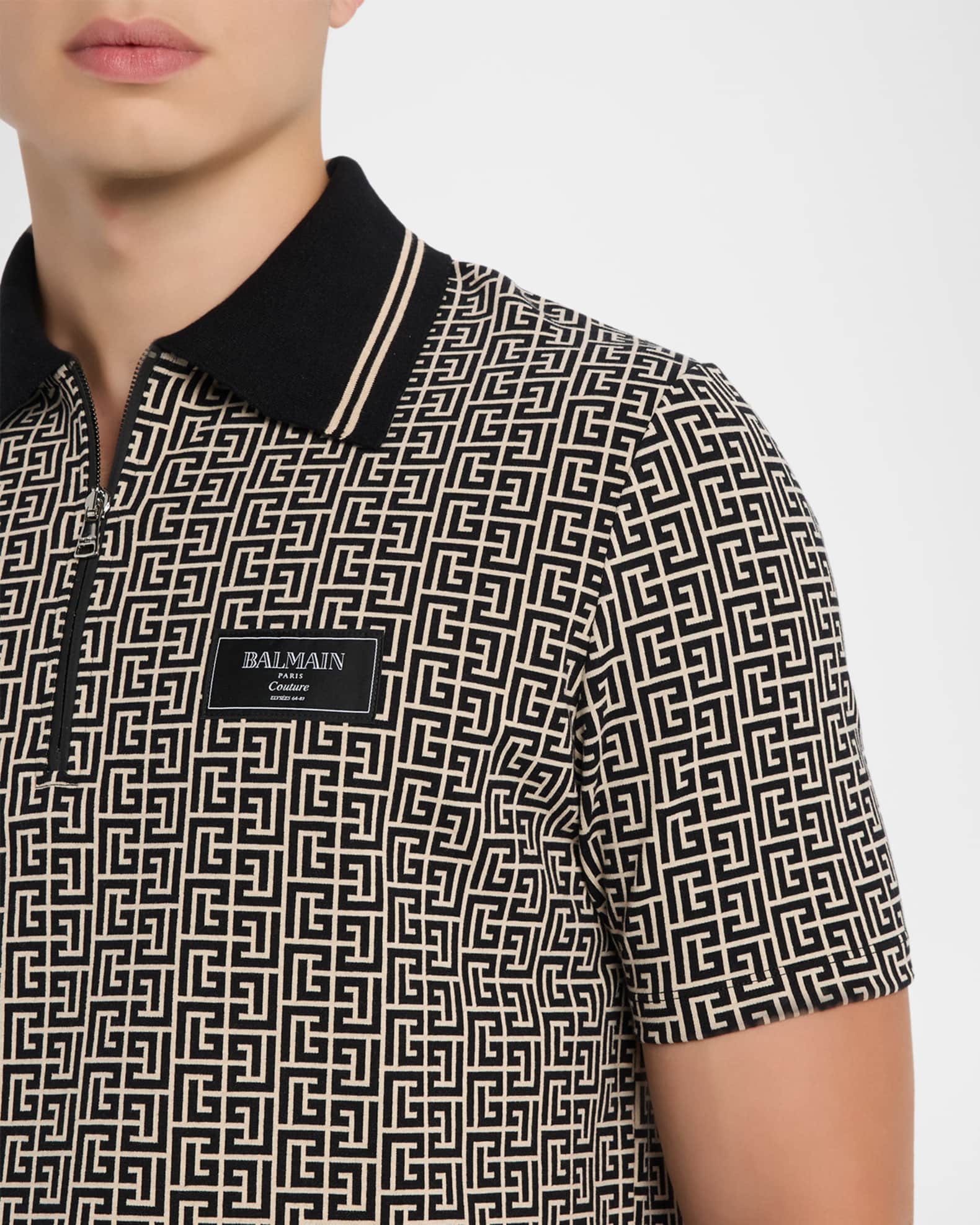 Balmain Men's Monogram Couture-Label Quarter-Zip Polo Shirt