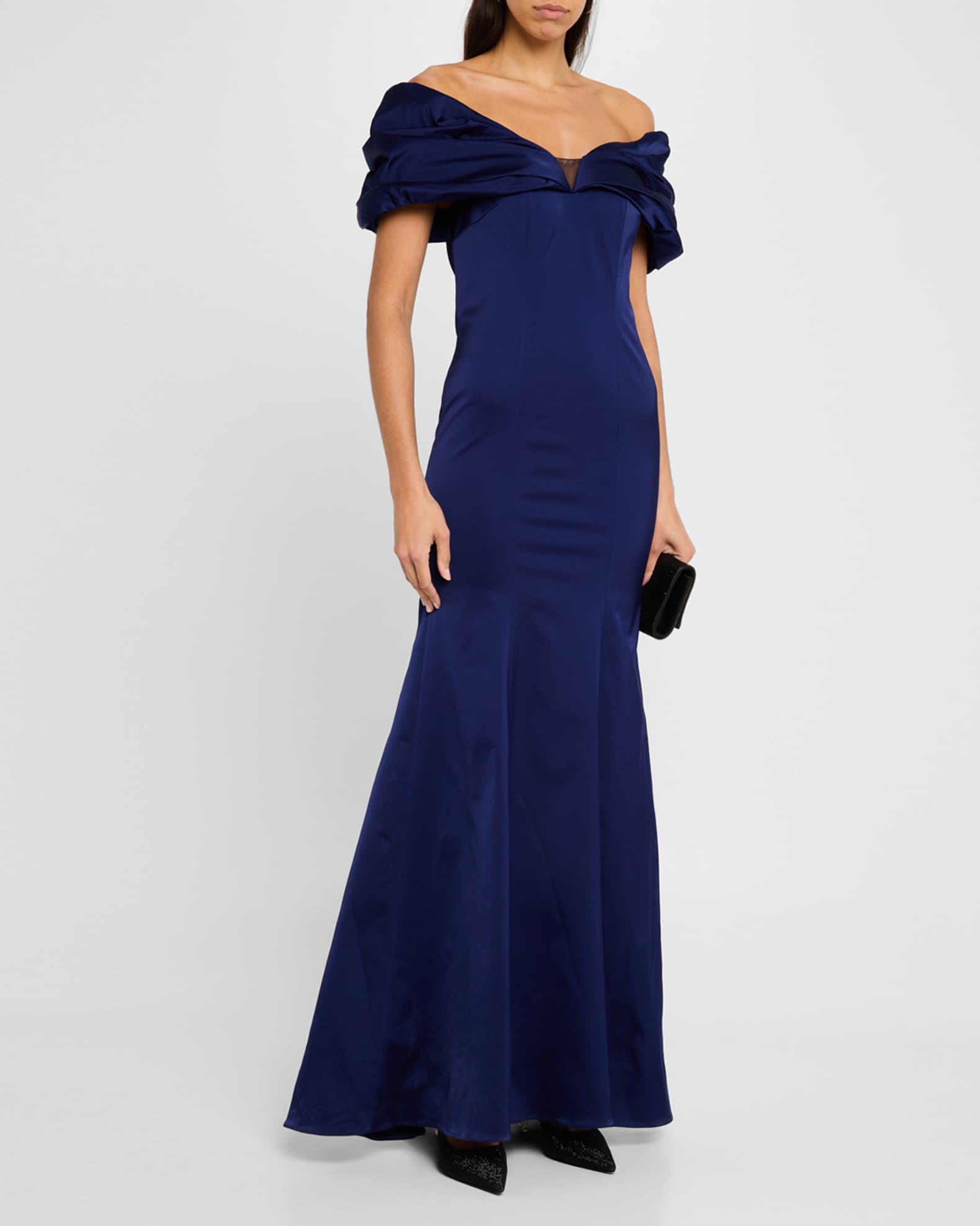 Sequined Off Shoulder Stretch Satin Gown
