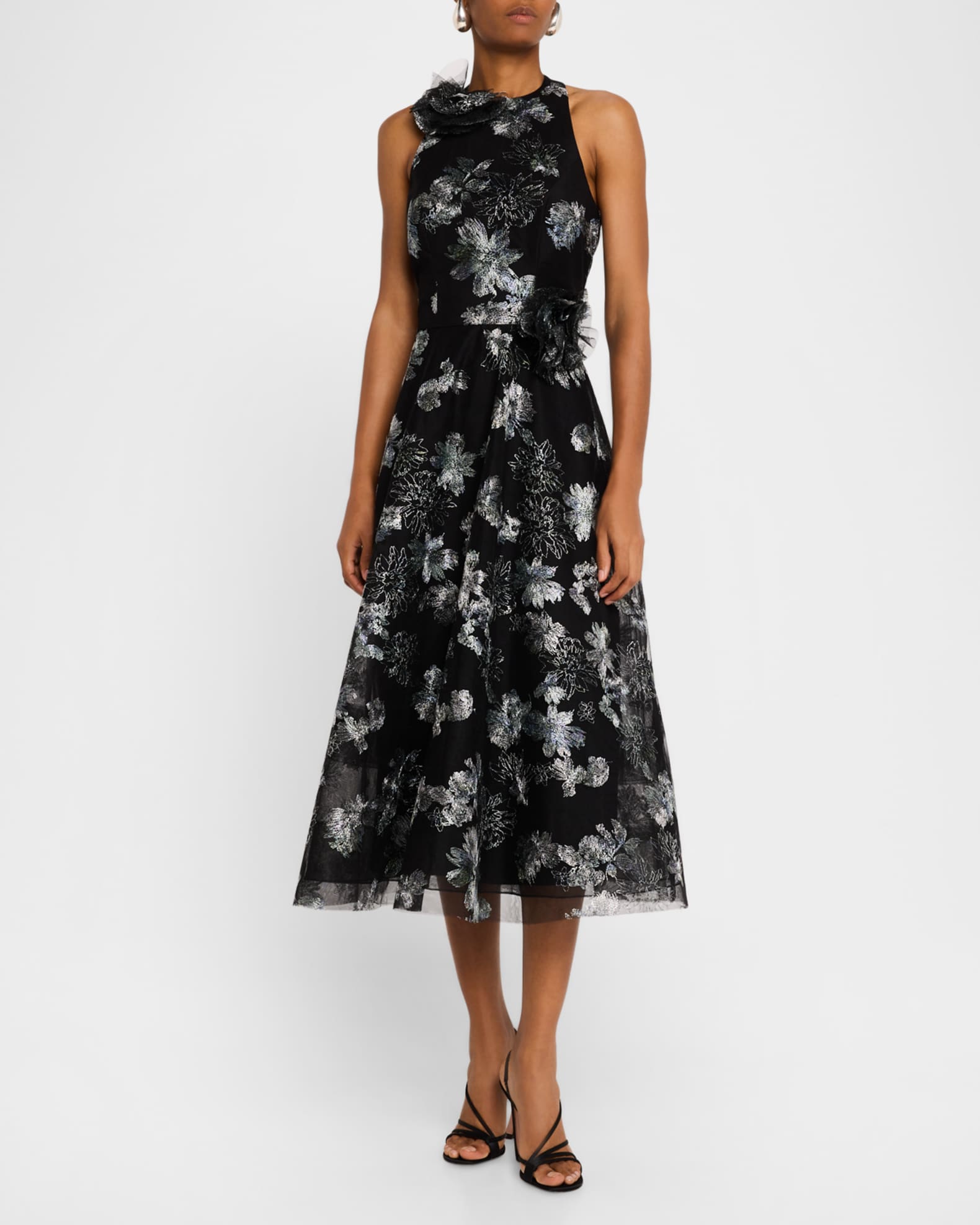 Rickie Freeman for Teri Jon Metallic Floral Embroidered Tulle Midi Dress Neiman Marcus
