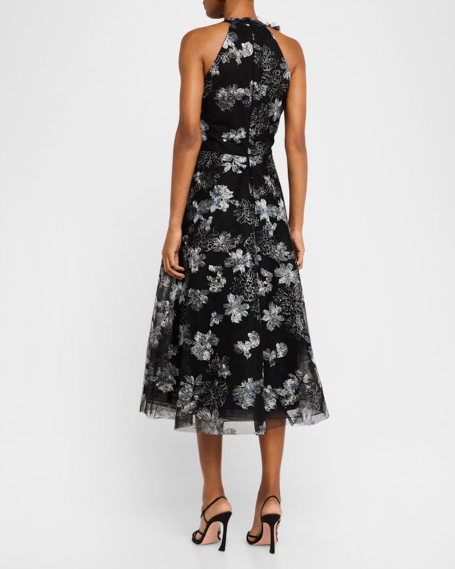 Metallic Floral-Embroidered Tulle Midi Dress