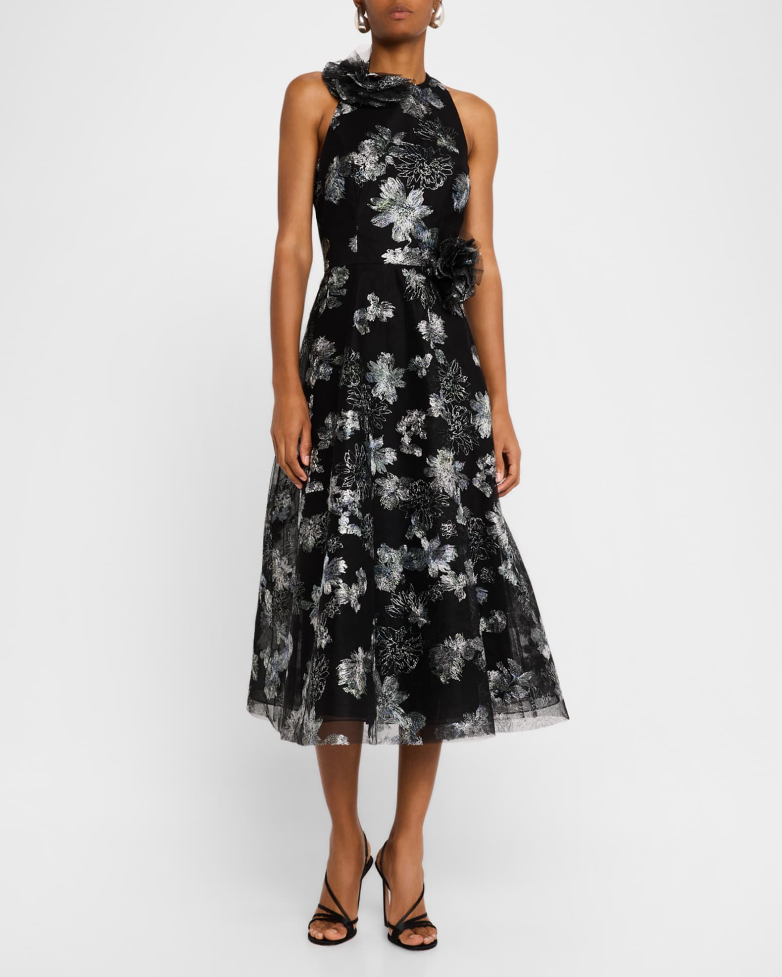 Metallic Floral-Embroidered Tulle Midi Dress