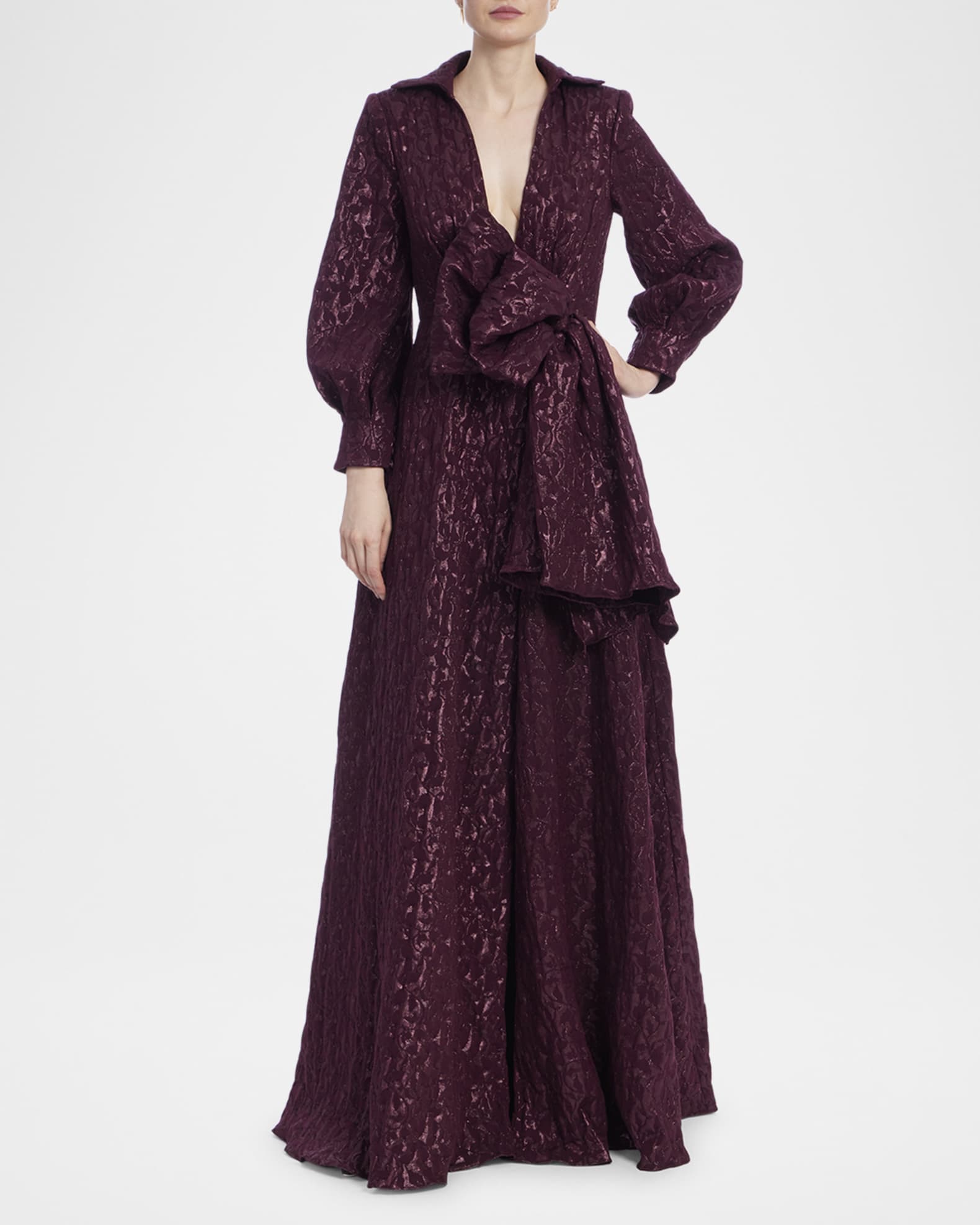 Deep V-Neck Metallic Jacquard Bow Gown 1