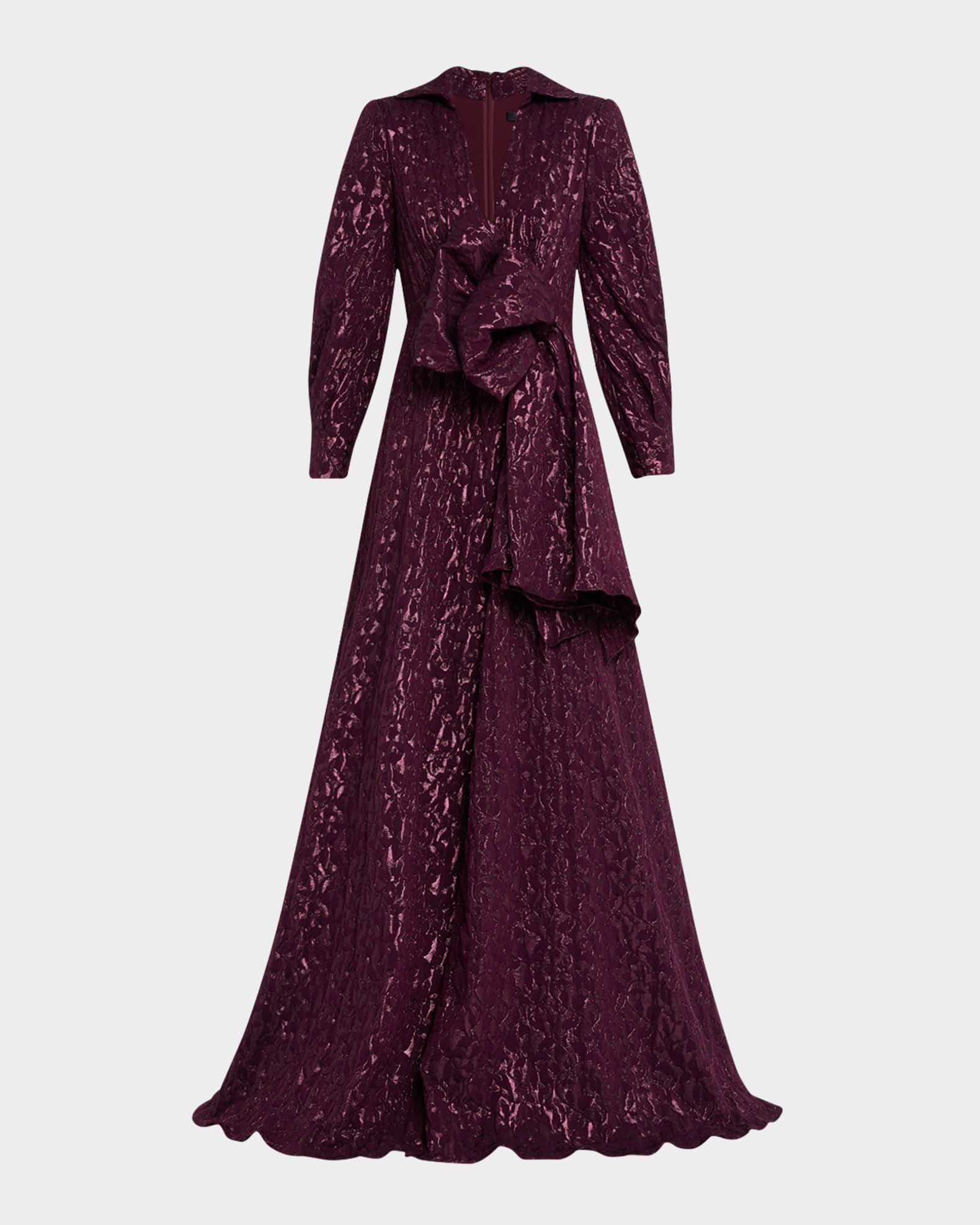 Deep V-Neck Metallic Jacquard Bow Gown 0