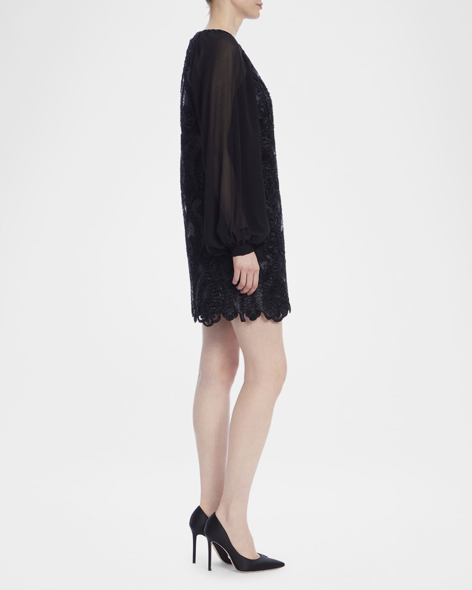 Badgley Mischka Sheer Sleeve Mini Sheath Dress Size 8 in Black