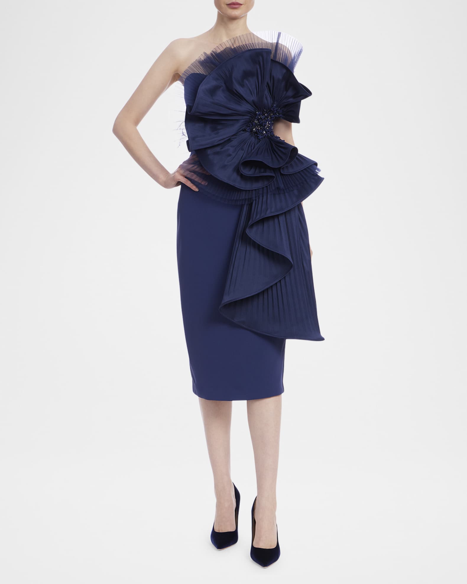 Strapless Pleated Fan Midi Sheath Dress 1