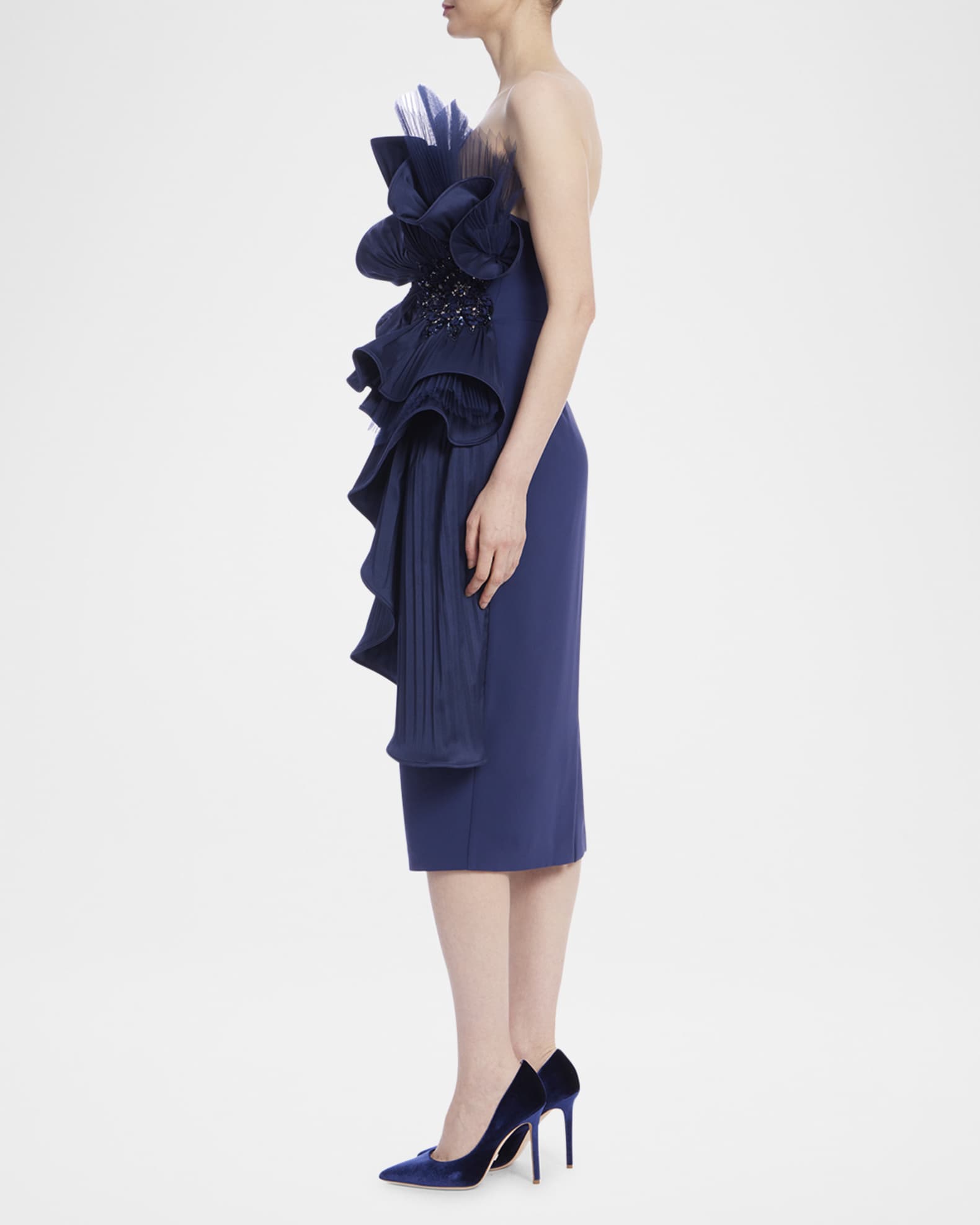 Strapless Pleated Fan Midi Sheath Dress