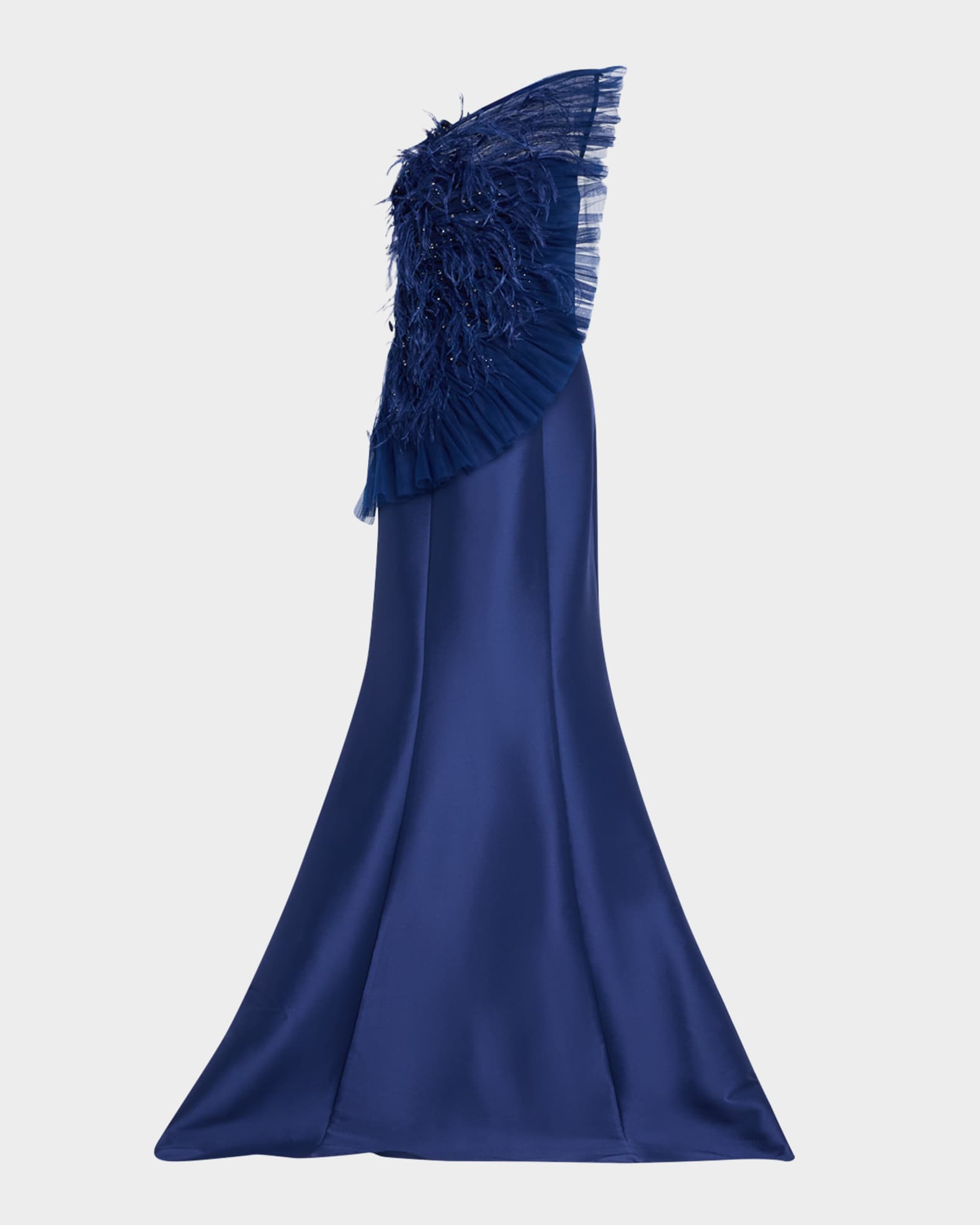 Badgley Mischka Strapless Feather and Tulle Gown Size 14 in Navy