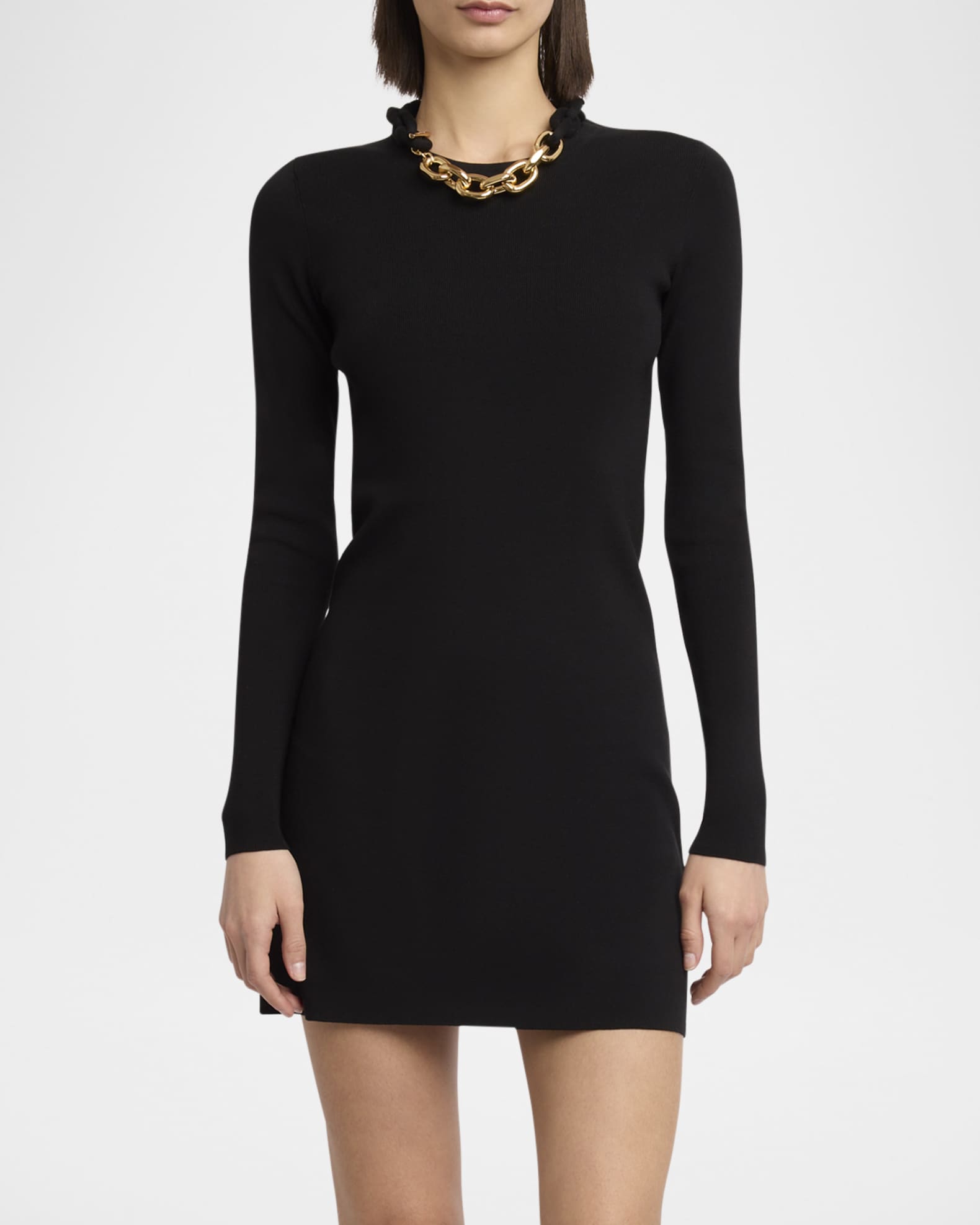 Chain-Necklace Long-Sleeve Mini Sweater Dress 1