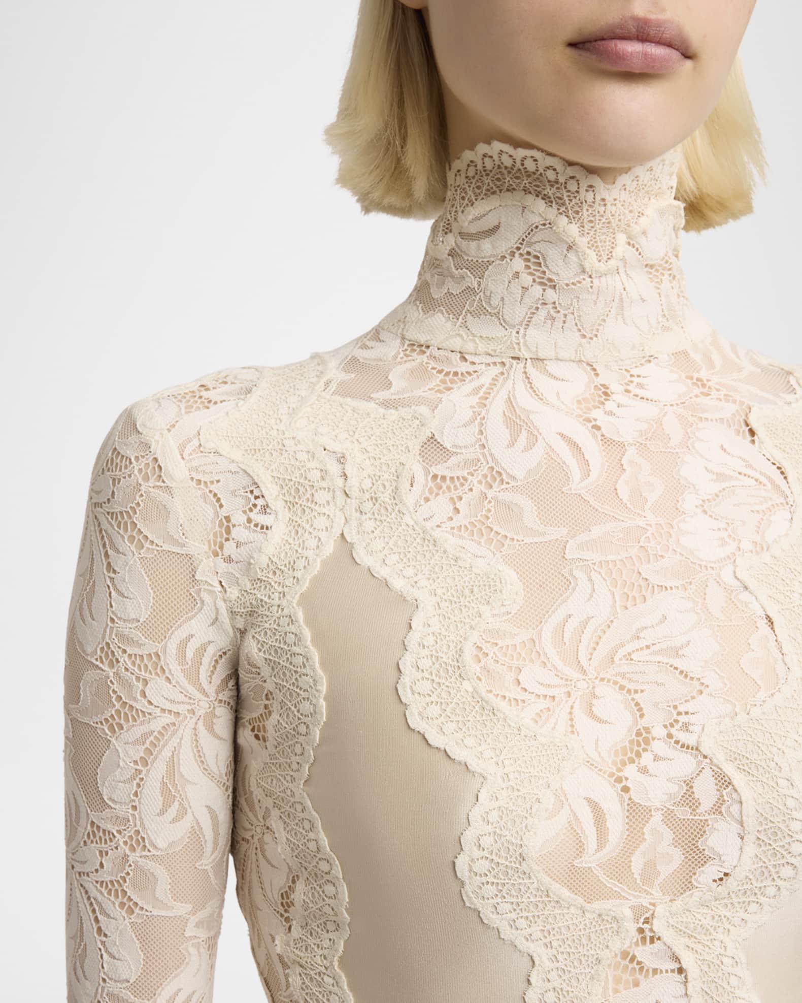 Rabanne Lace Turtleneck Long-Sleeve Illusion Maxi Dress