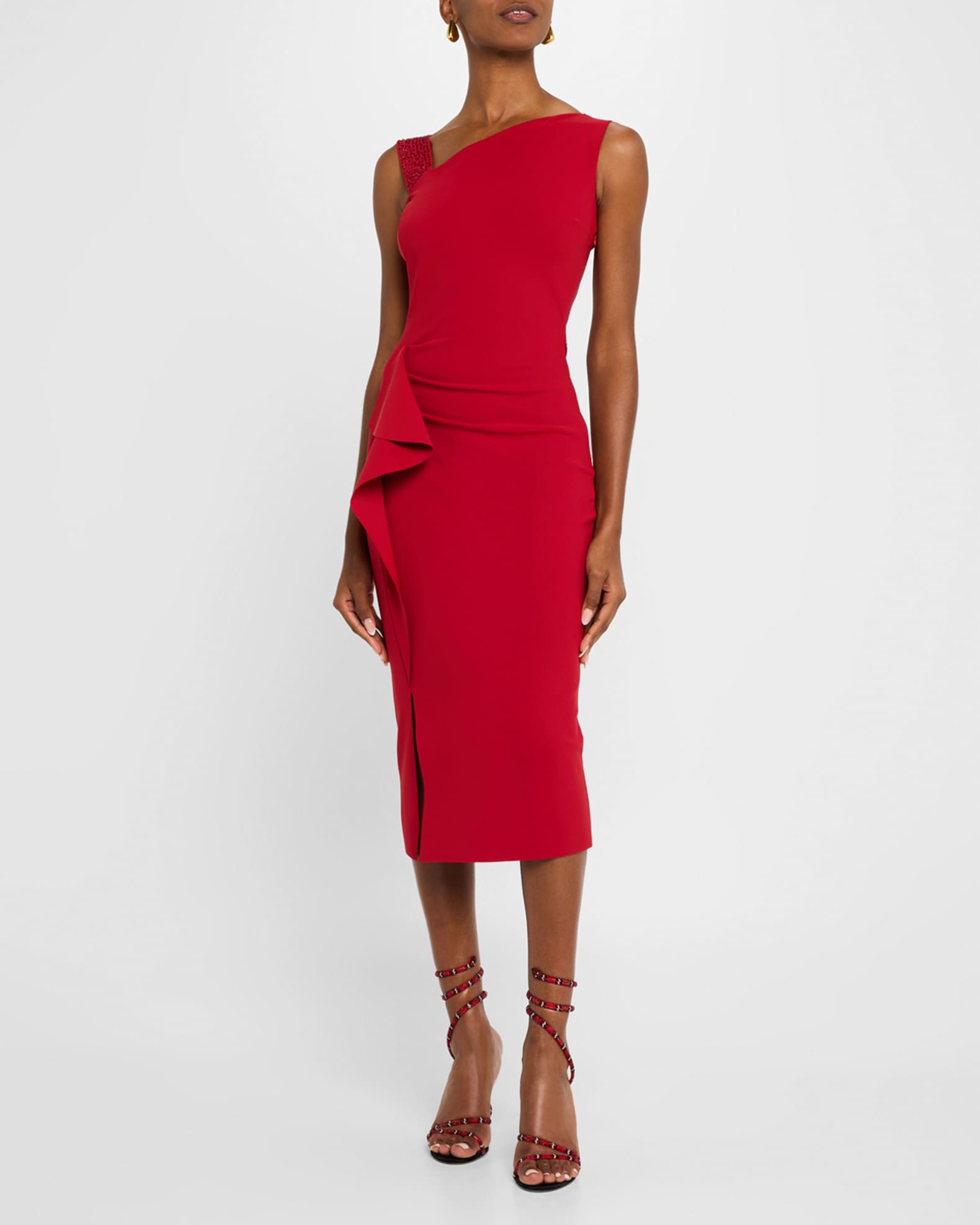 Asymmetric Rhinestone-Strap Bodycon Midi Dress 1