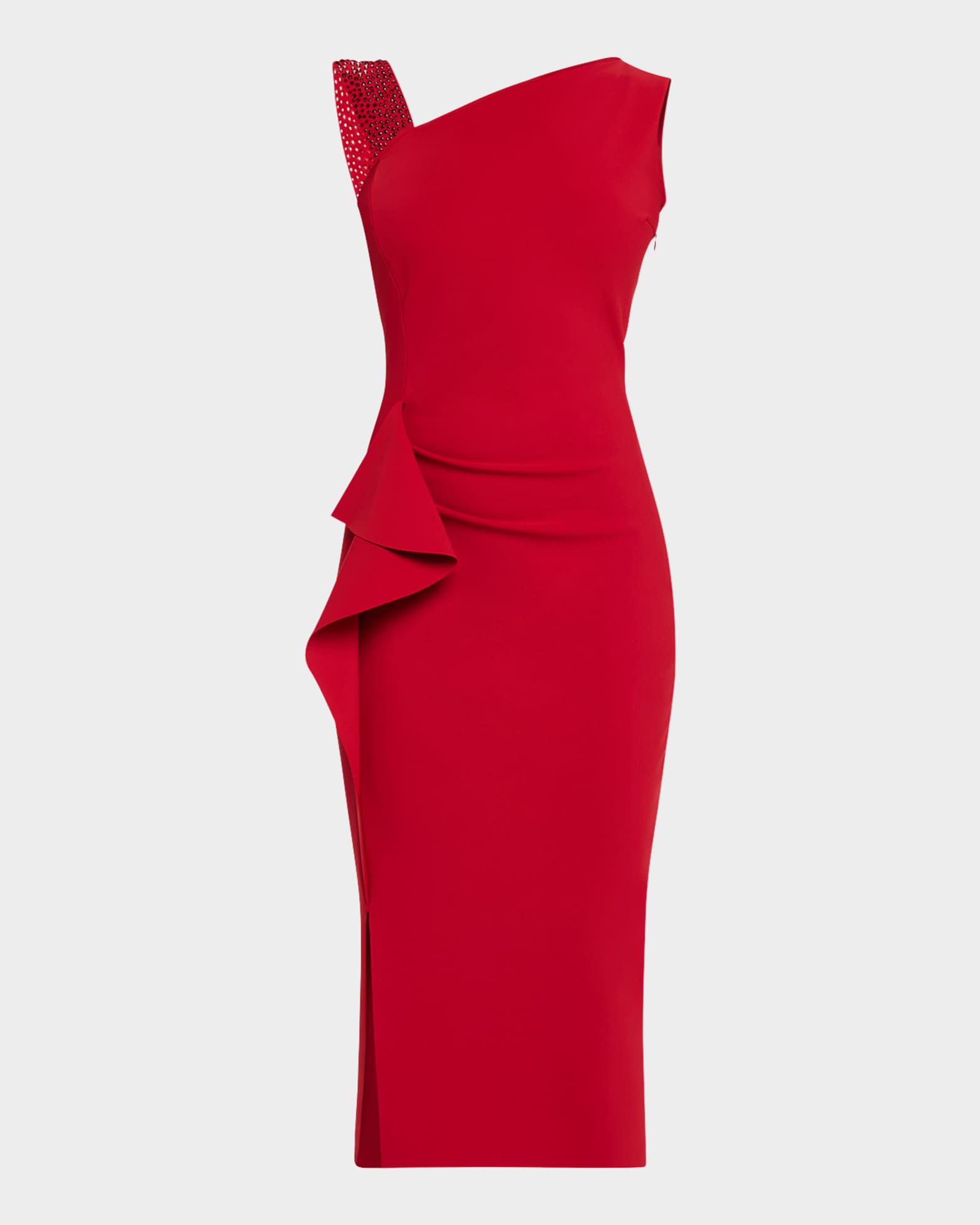 Chiara Boni La Petite Robe Asymmetric Rhinestone Strap Bodycon Midi Dress Scarlet