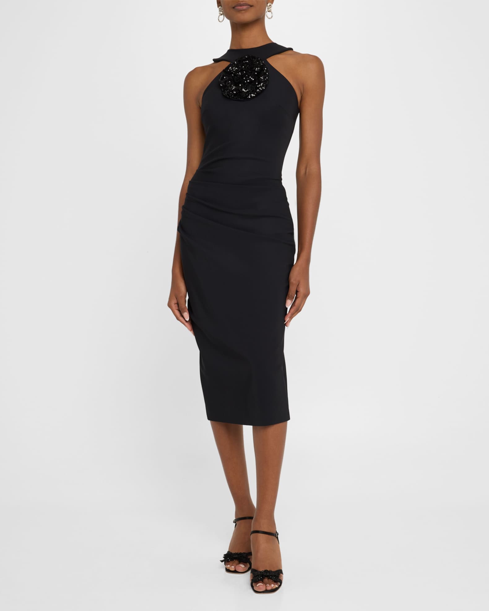Bodycon Flower-Embellished Halter Midi Dress 1