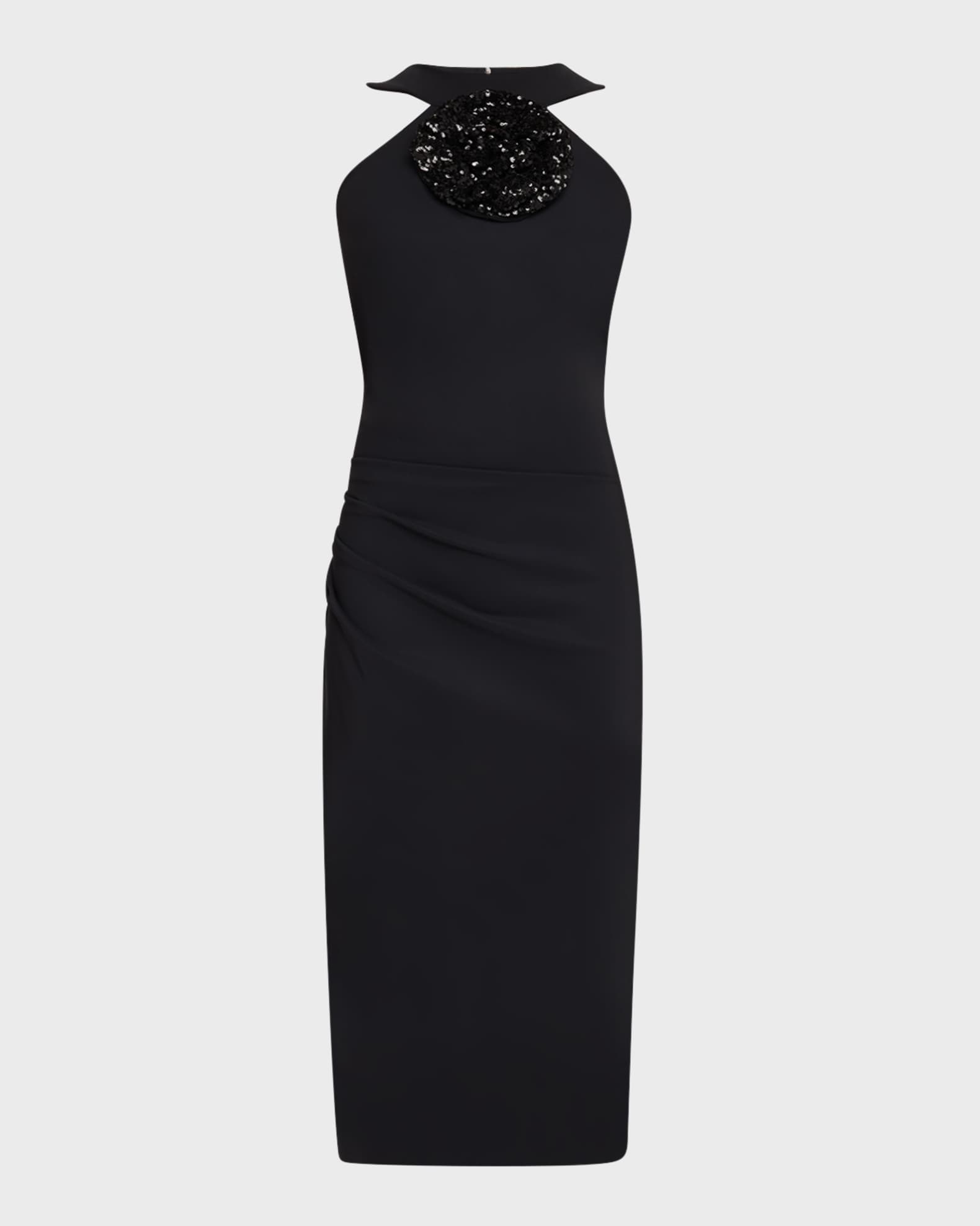 Bodycon Flower-Embellished Halter Midi Dress 0