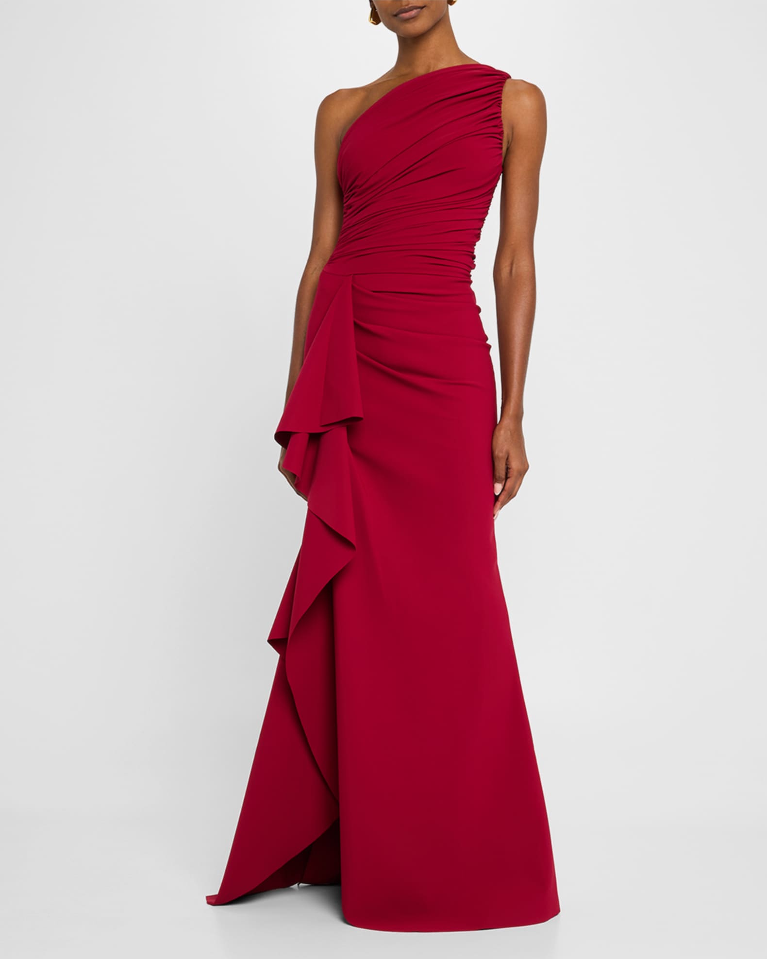 Ruched One Shoulder Ruffle Gown