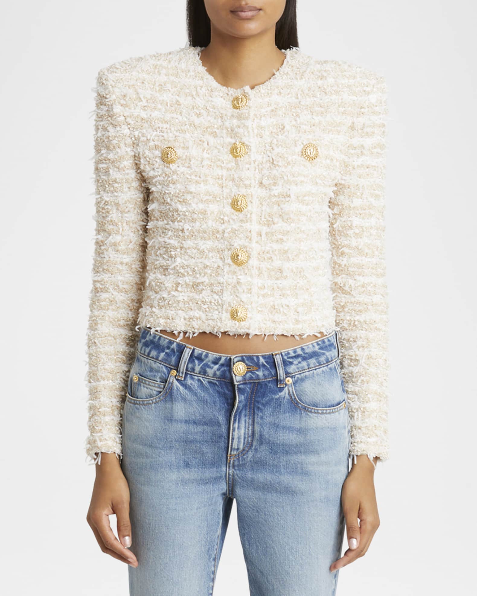 【BALMAIN】llic boucle-tweed ジャケット BALMAIN Embellished metallic bouclé-tweed jacket | NET-A-PORTER
