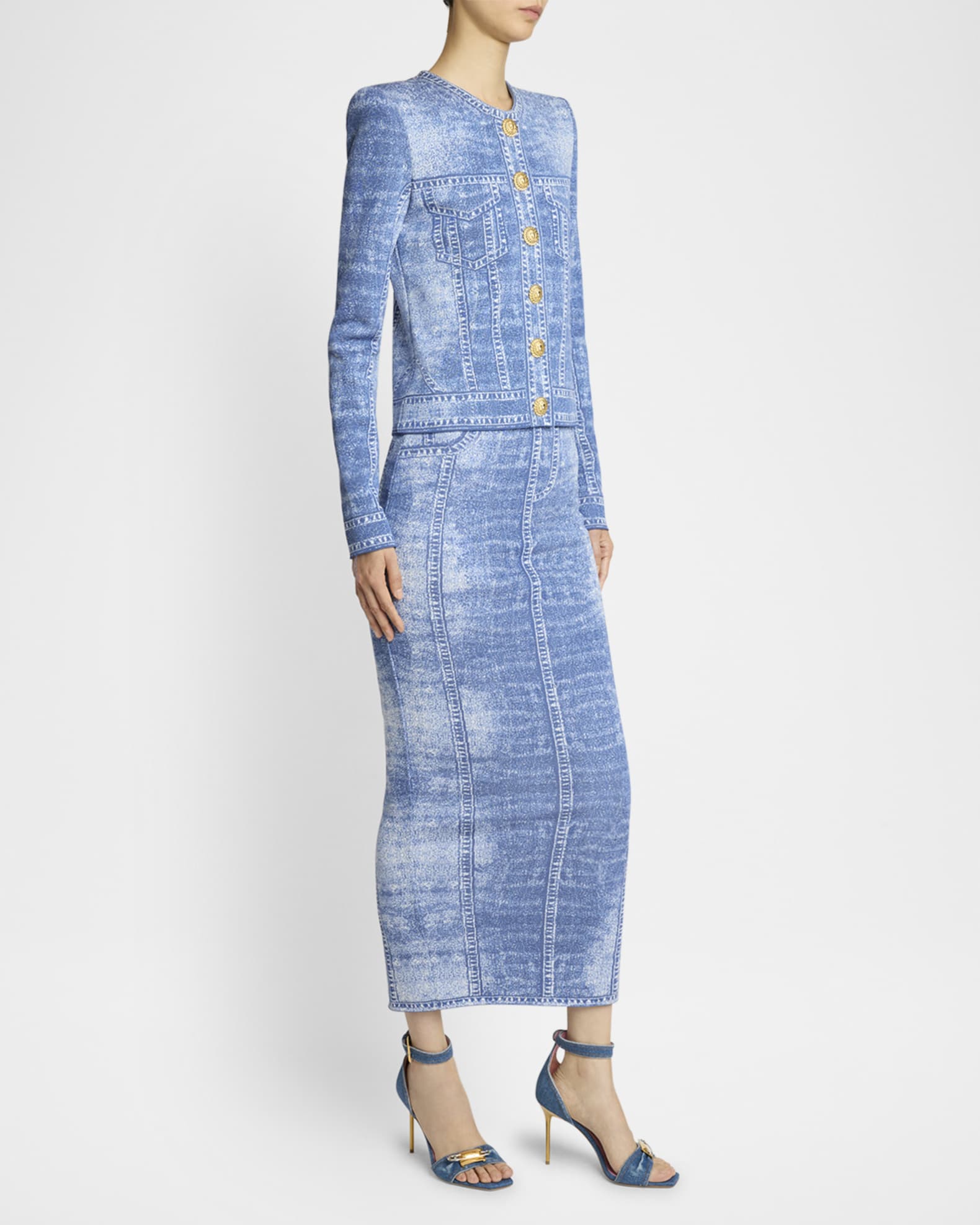 Denim Trompe Loeil Knit Pencil Skirt 1