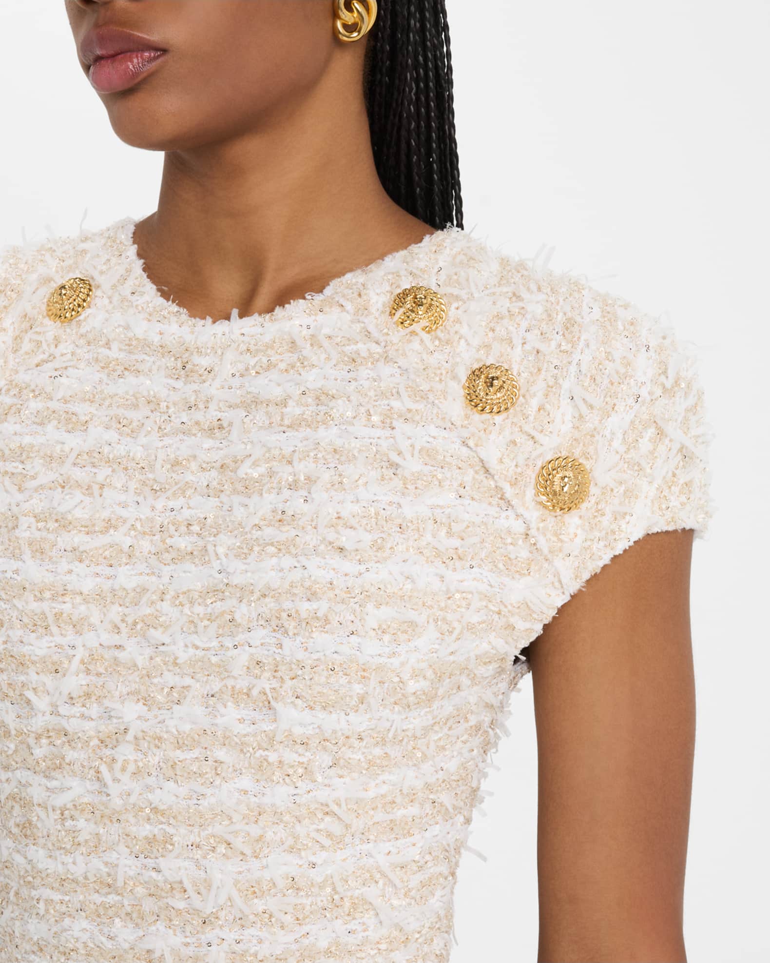 Balmain Short Sleeve Button Tweed Mini Dress | Neiman Marcus