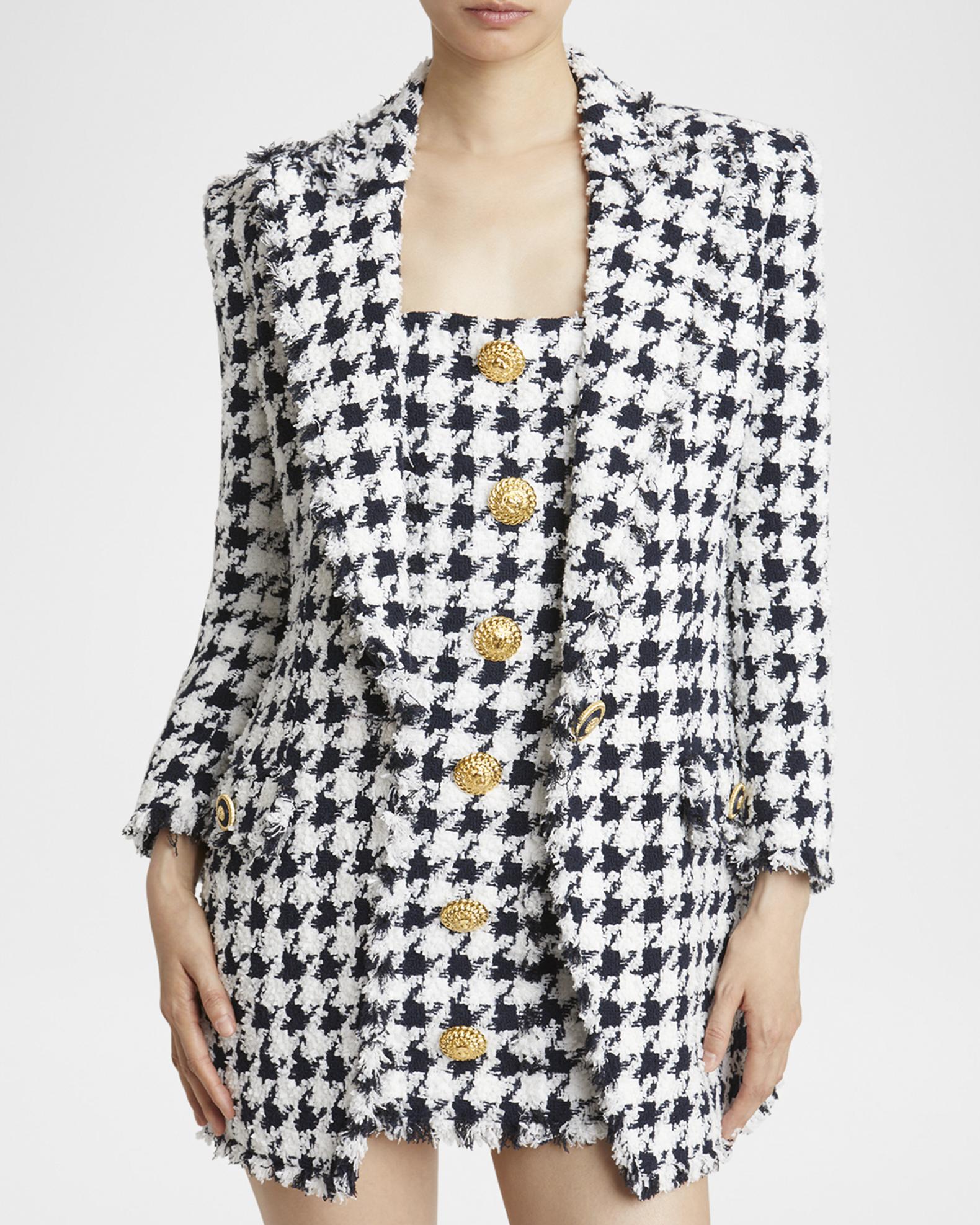 Houndstooth Düğmeli Tweed Blazer