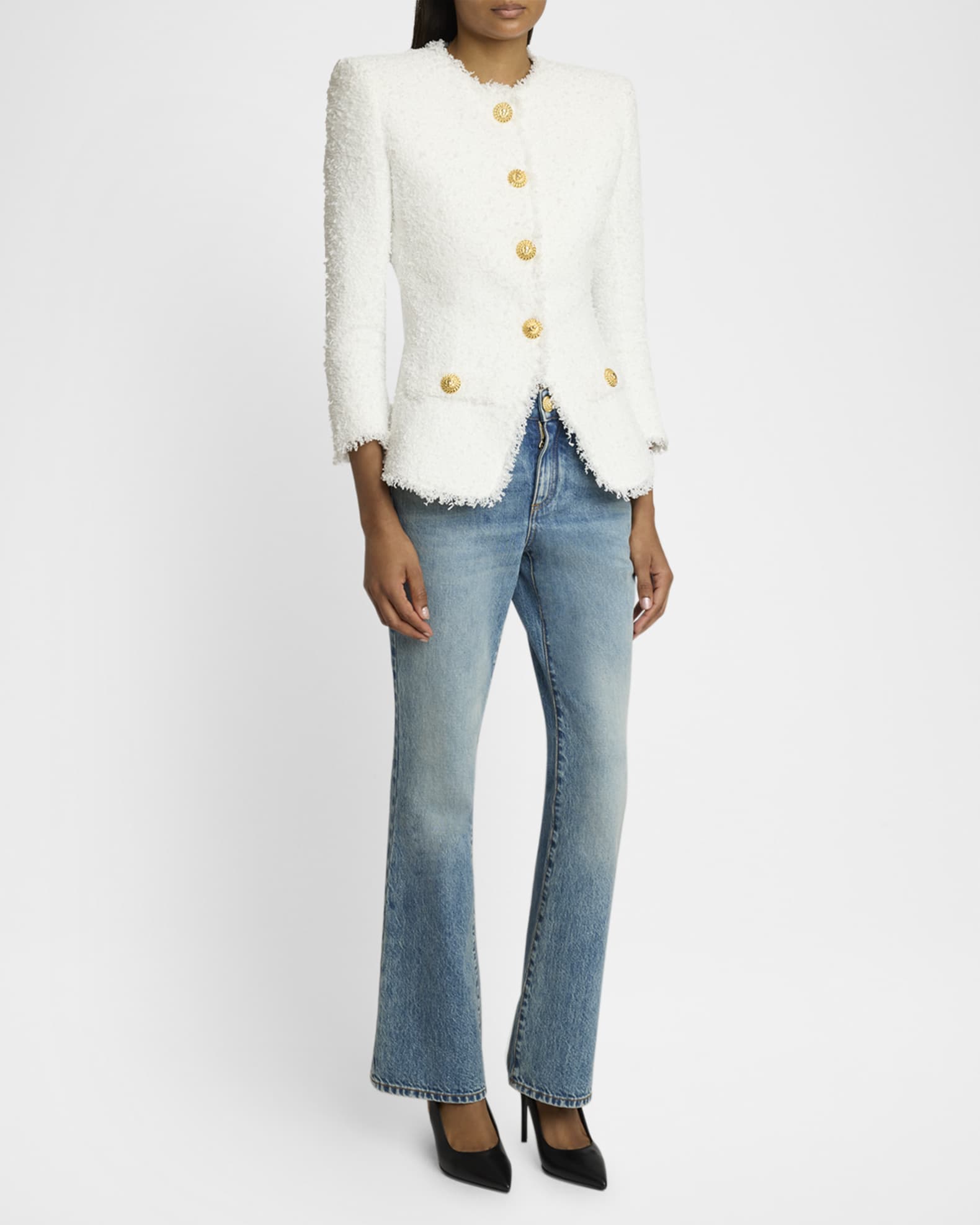 Balmain Collarless Tweed Jacket | Neiman Marcus