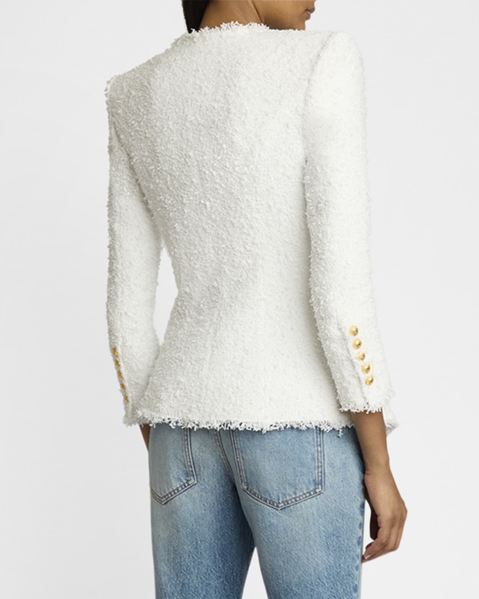 【関税＆送料込み】Balmain Collarless Glittered Fringed Twe Balmain Collarless Tweed Jacket | Neiman Marcus