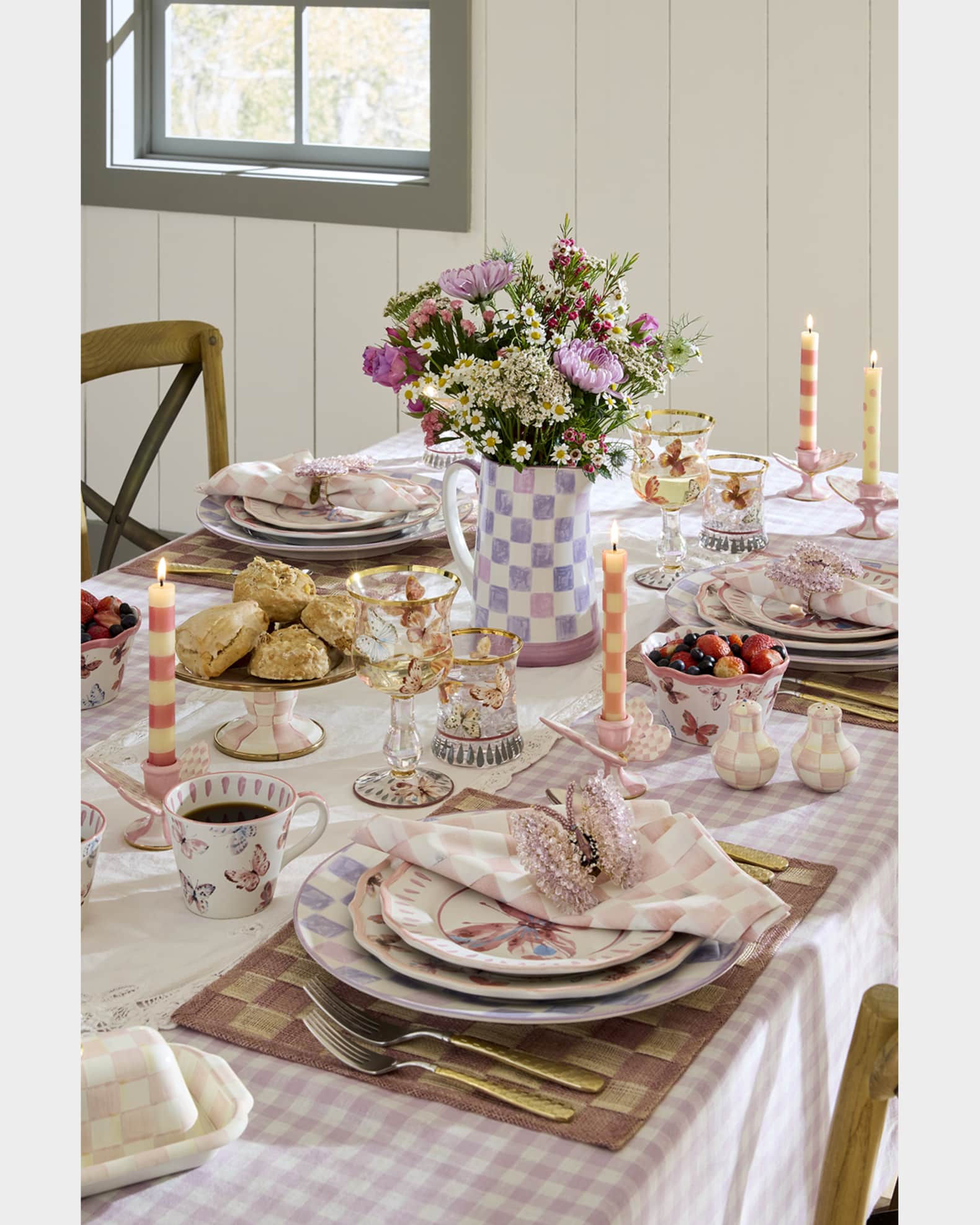 MacKenzie-Childs Rosy Check Butterfly Candle Holders, Set of 2