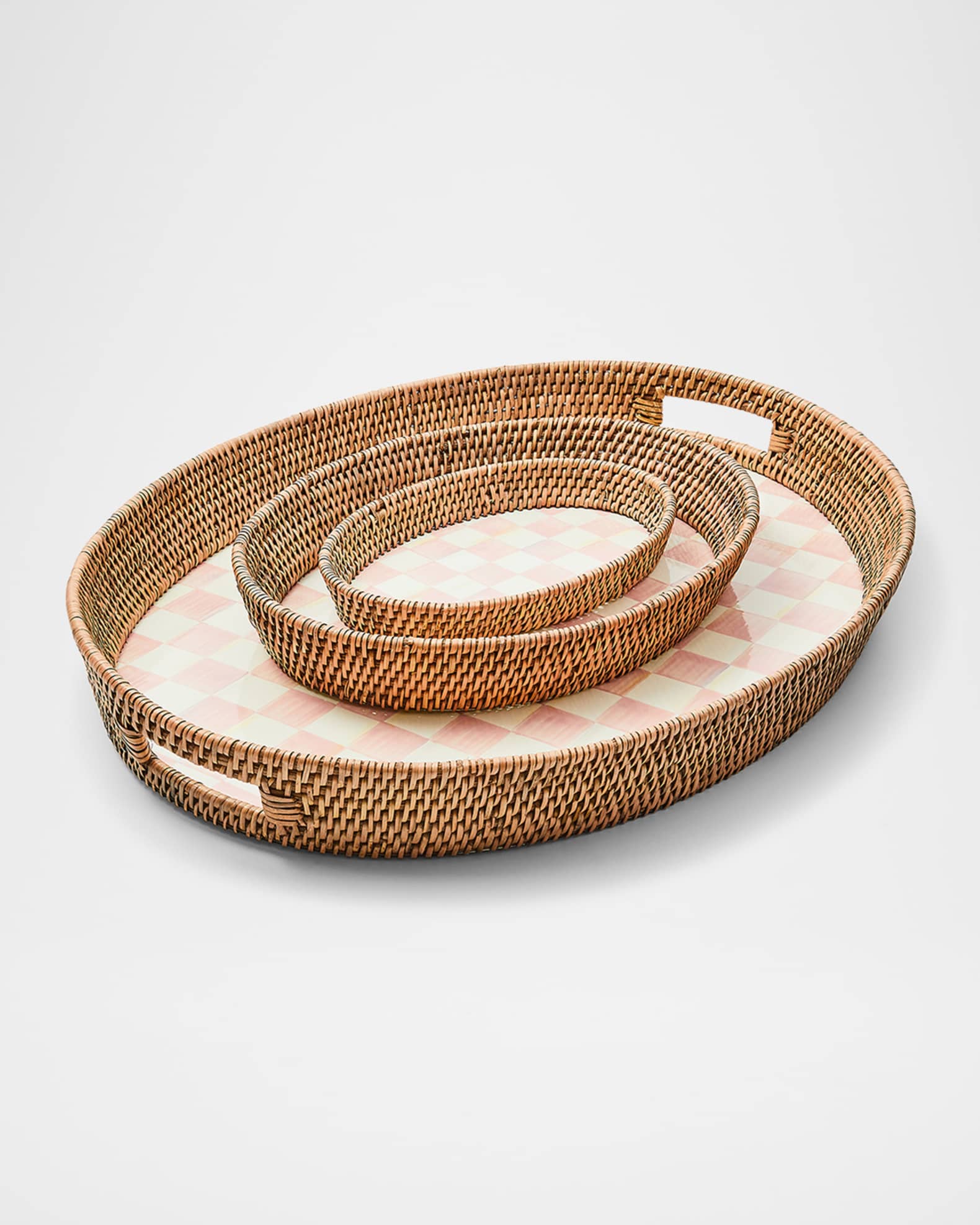 Rosy Check Large Enamel Rattan Serving Tray 1